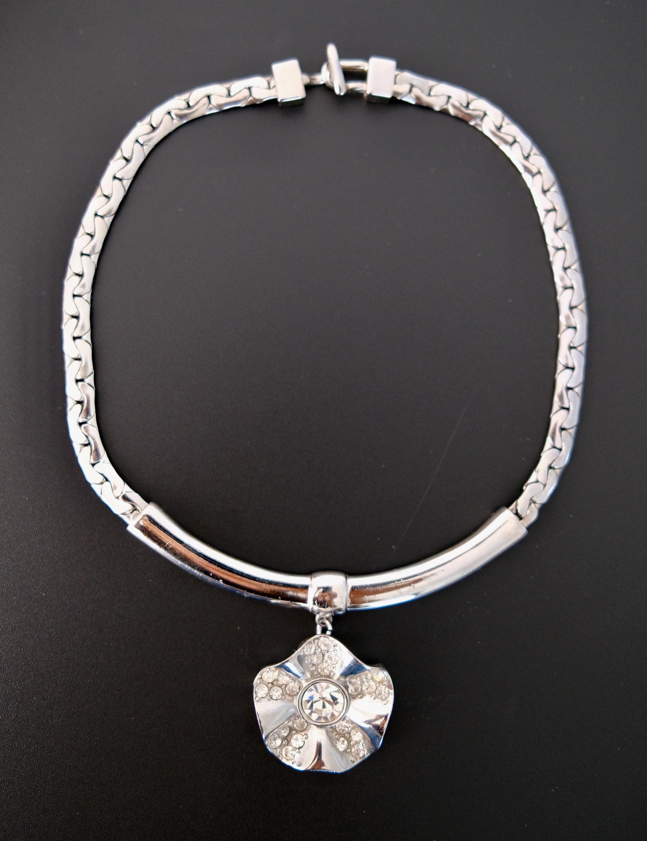 Vintage Givenchy silver-tone choker necklace with crystal flower statement centerpiece