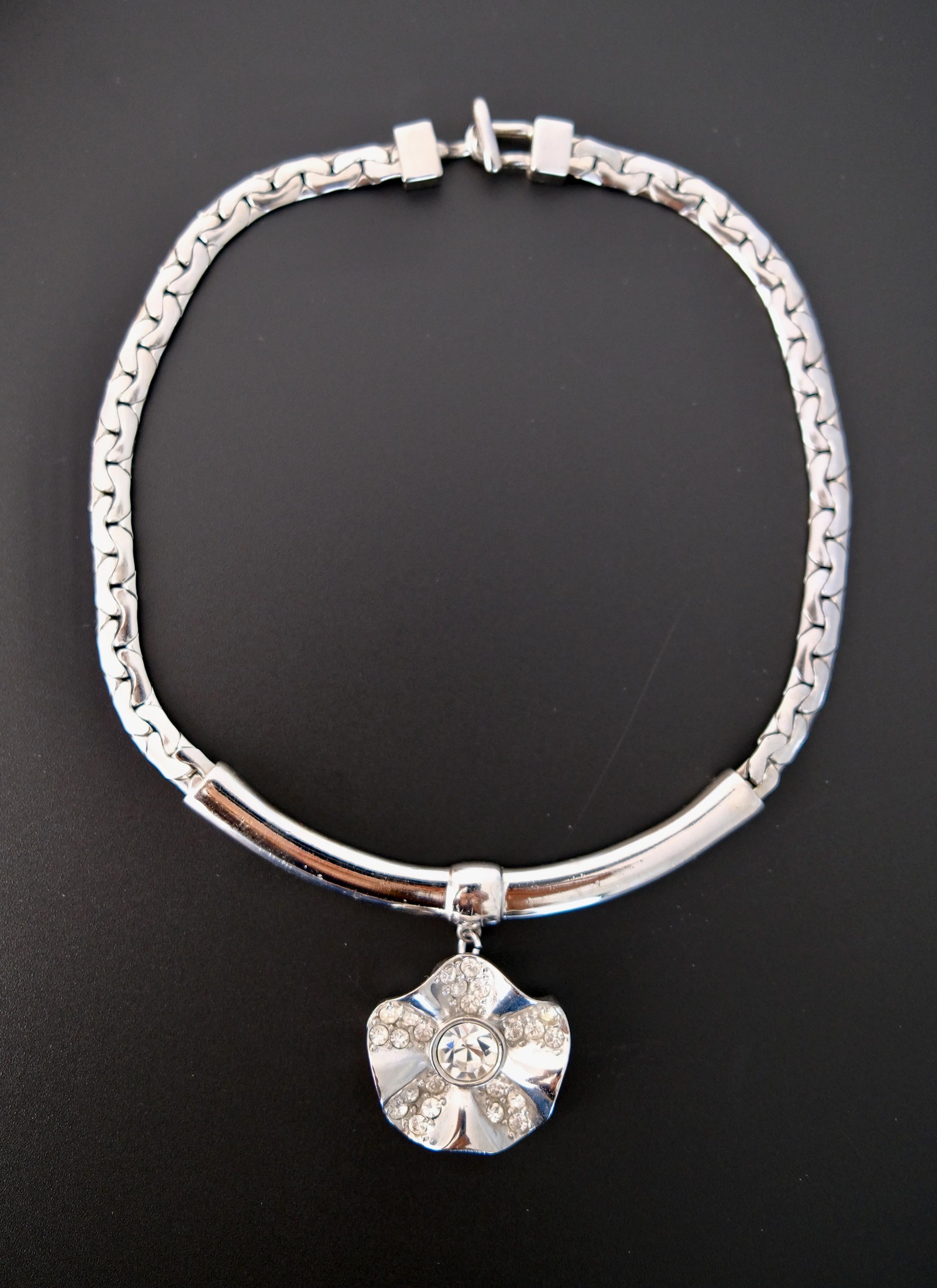 Vintage Givenchy silver-tone choker necklace with crystal flower statement centerpiece