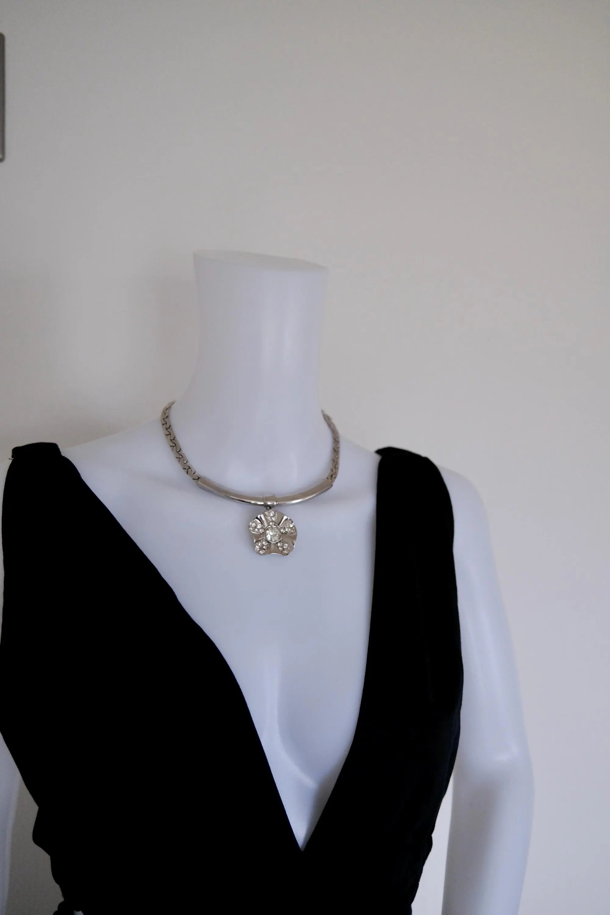 Vintage Givenchy silver-tone choker necklace with crystal flower statement centerpiece