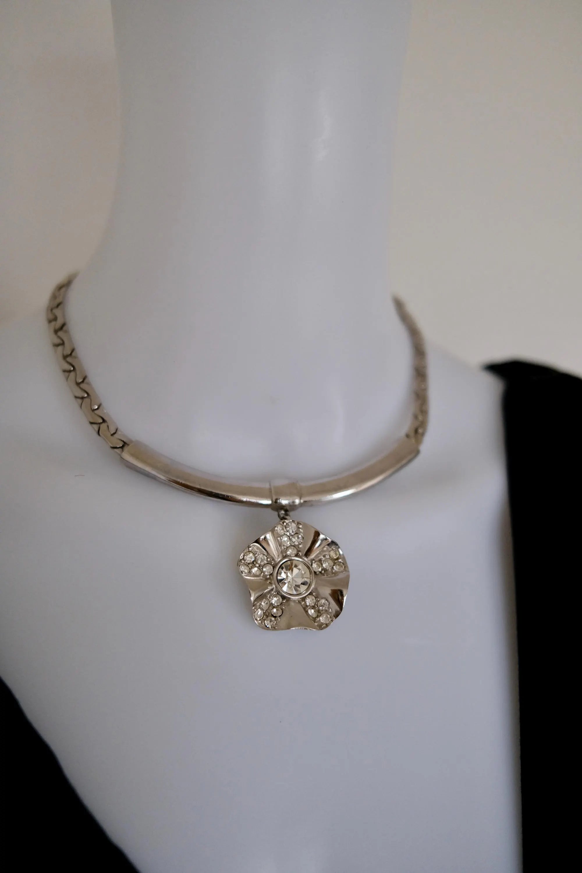 Vintage Givenchy silver-tone choker necklace with crystal flower statement centerpiece