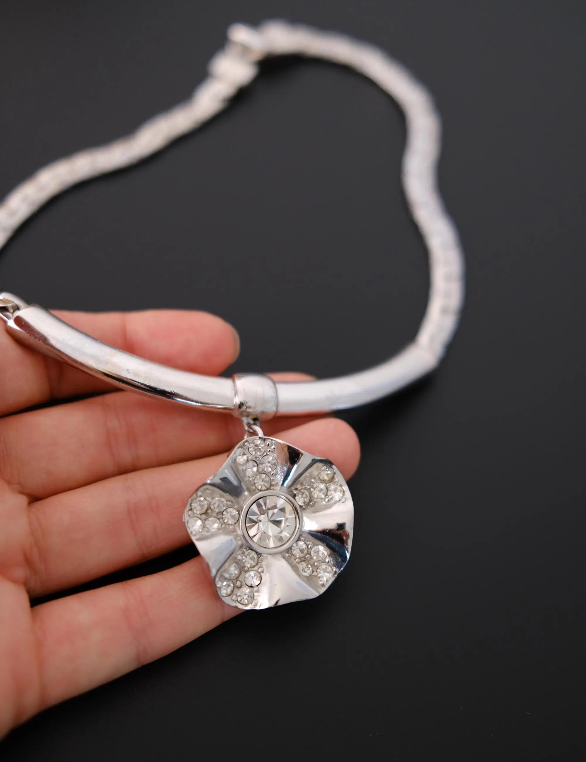 Vintage Givenchy silver-tone choker necklace with crystal flower statement centerpiece
