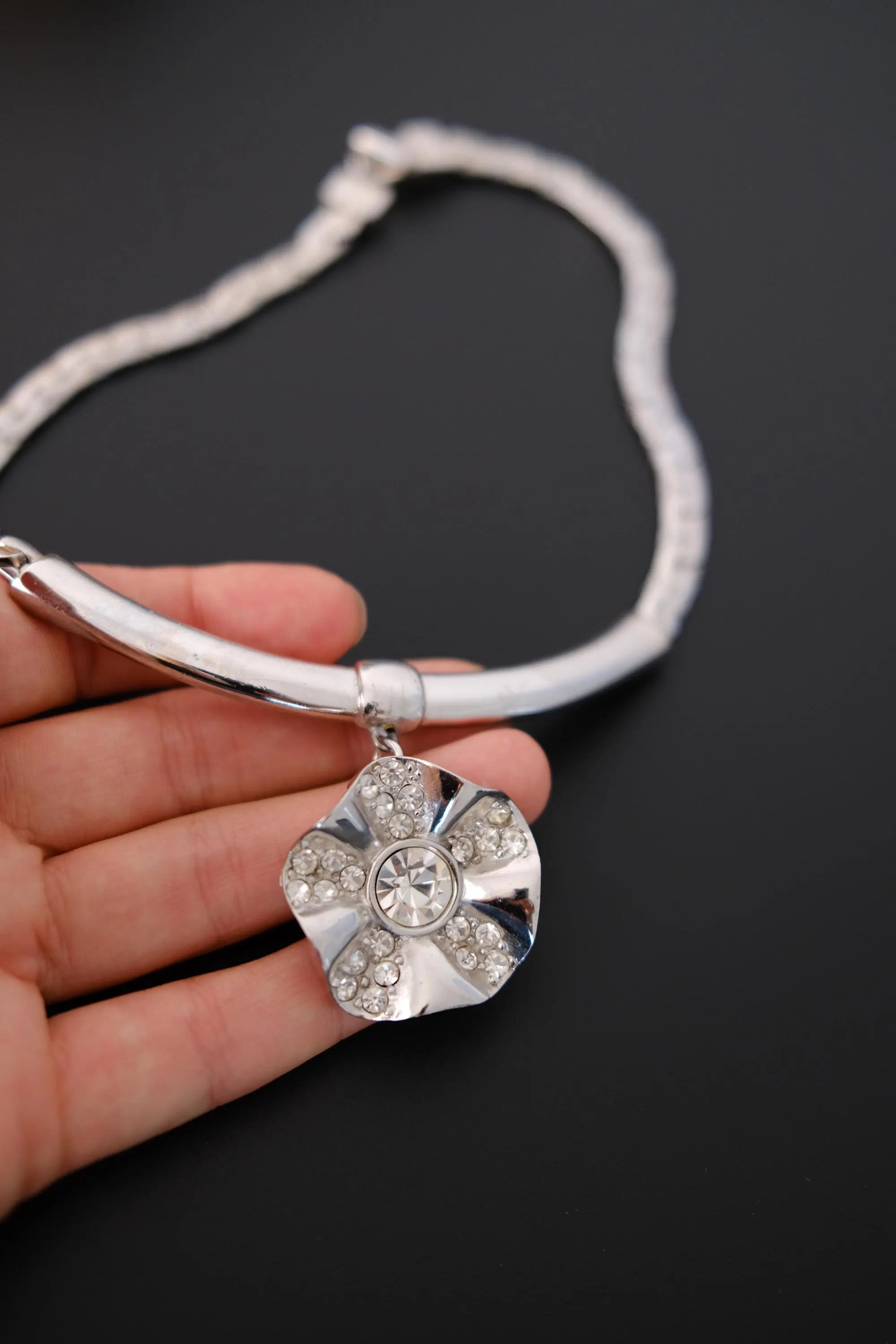 Vintage Givenchy silver-tone choker necklace with crystal flower statement centerpiece