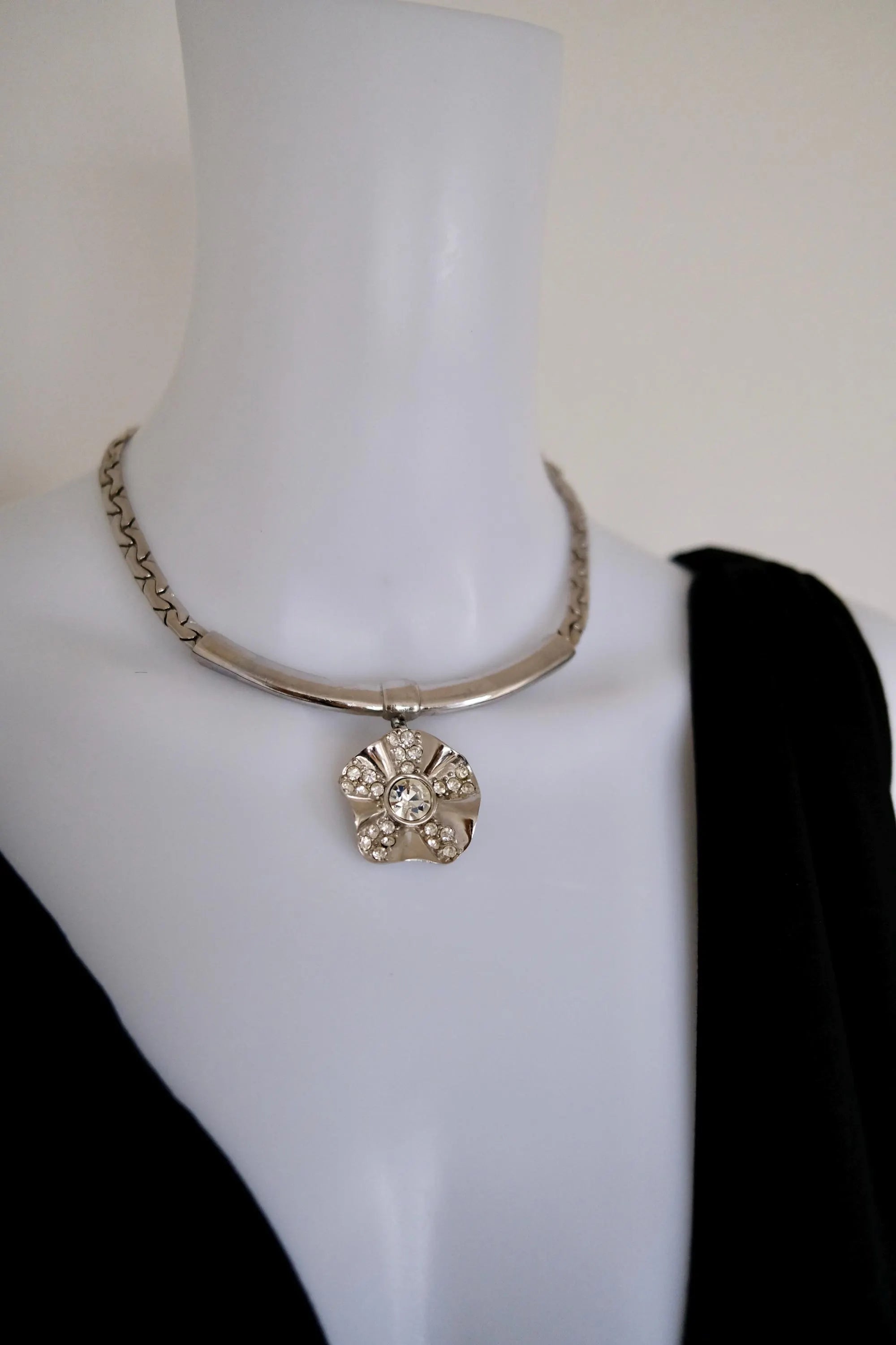 Vintage Givenchy silver-tone choker necklace with crystal flower statement centerpiece