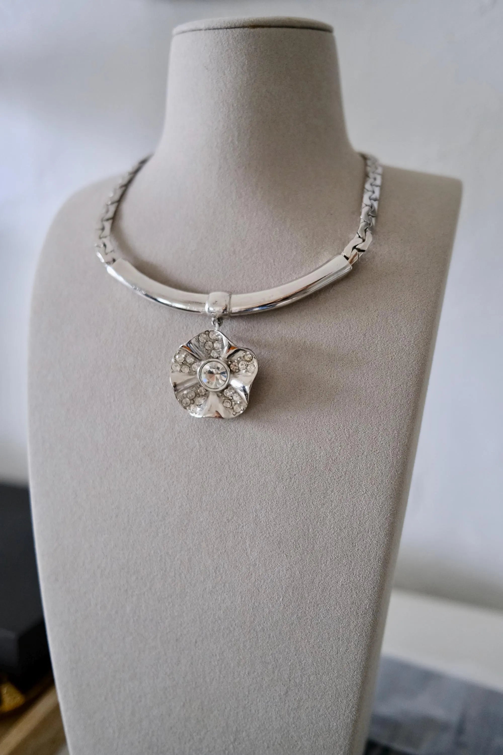 Vintage Givenchy silver-tone choker necklace with crystal flower statement centerpiece