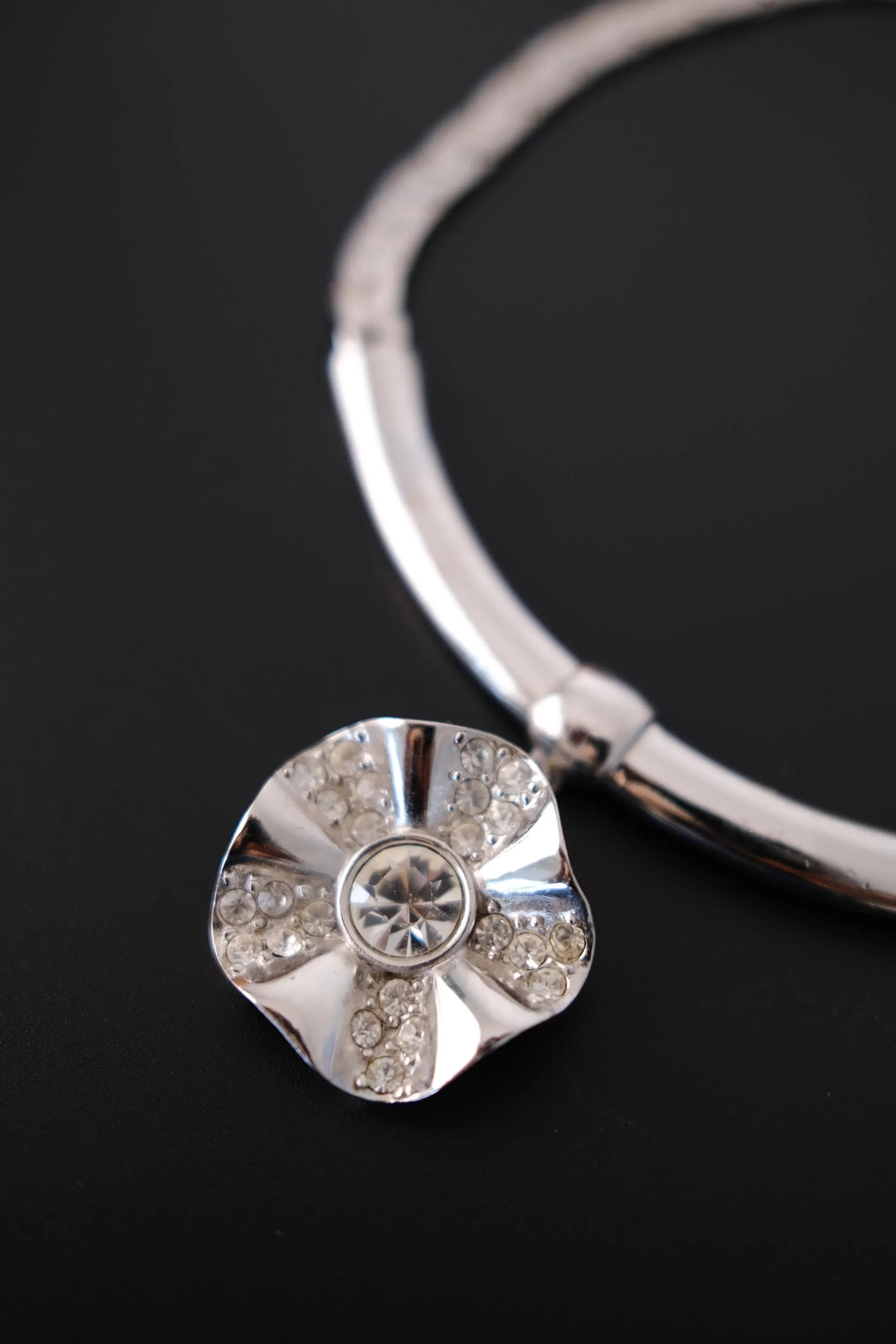 Vintage Givenchy silver-tone choker necklace with crystal flower statement centerpiece