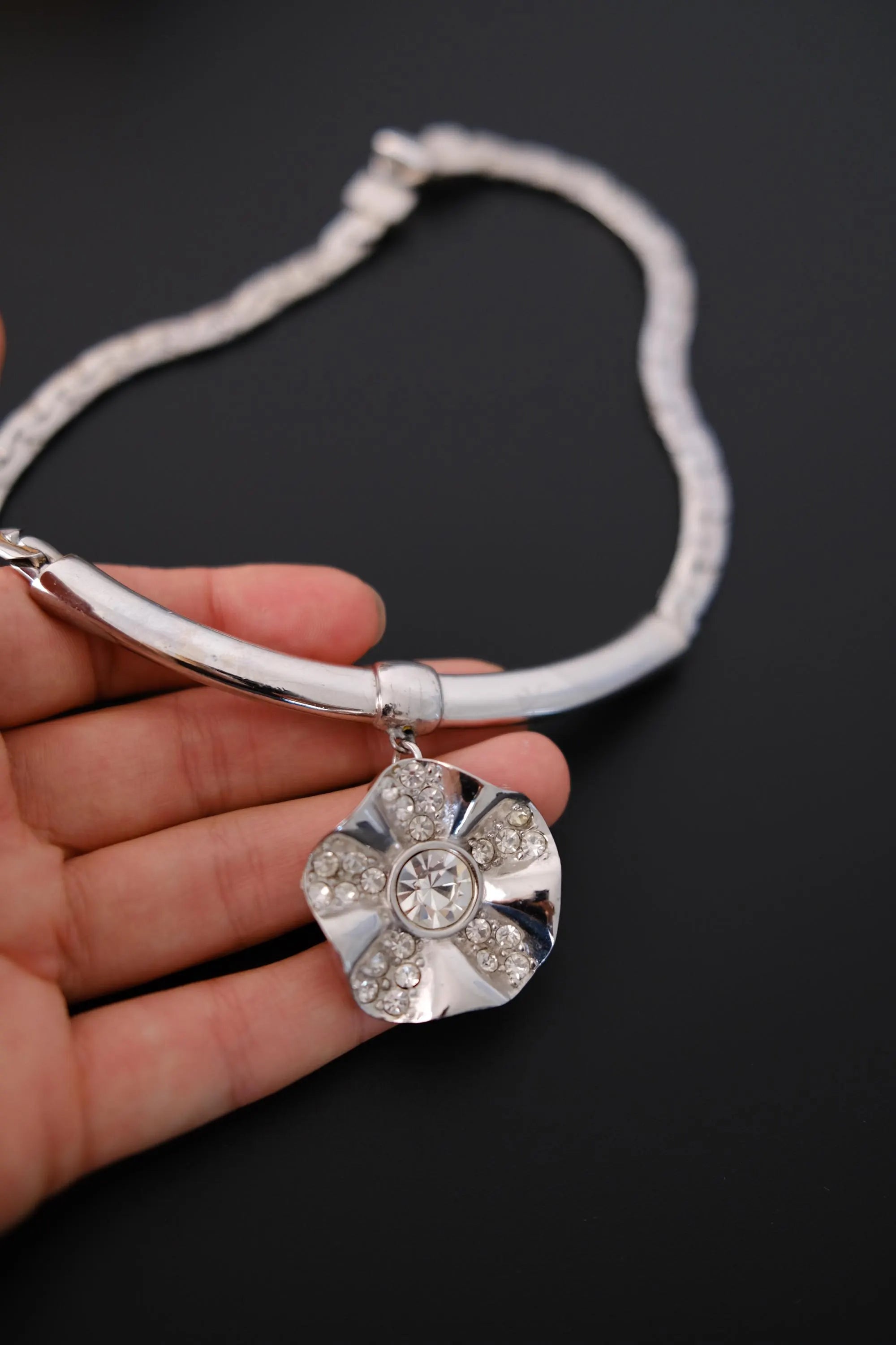 Vintage Givenchy silver-tone choker necklace with crystal flower statement centerpiece