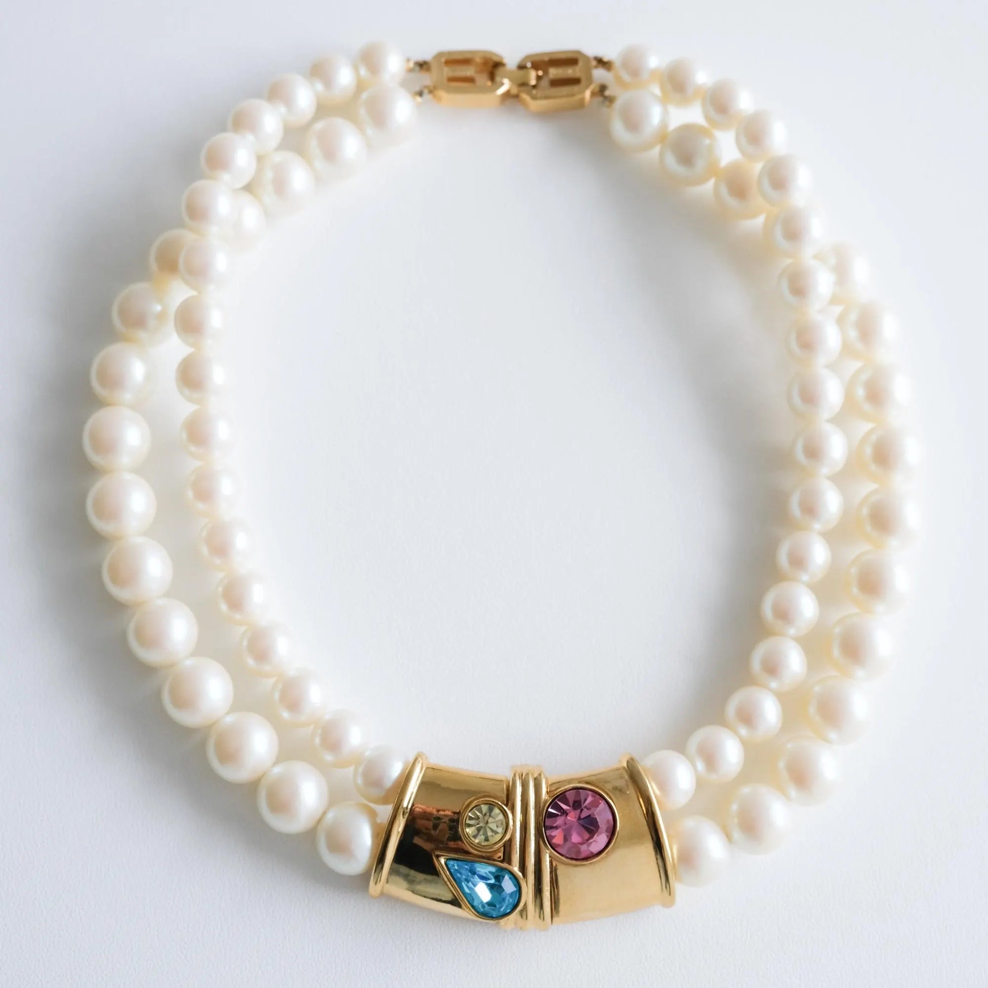Elegant vintage Givenchy double strand pearl choker gold crystal statement clasp luxury