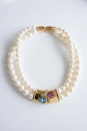 Elegant vintage Givenchy double strand pearl choker gold crystal statement clasp luxury