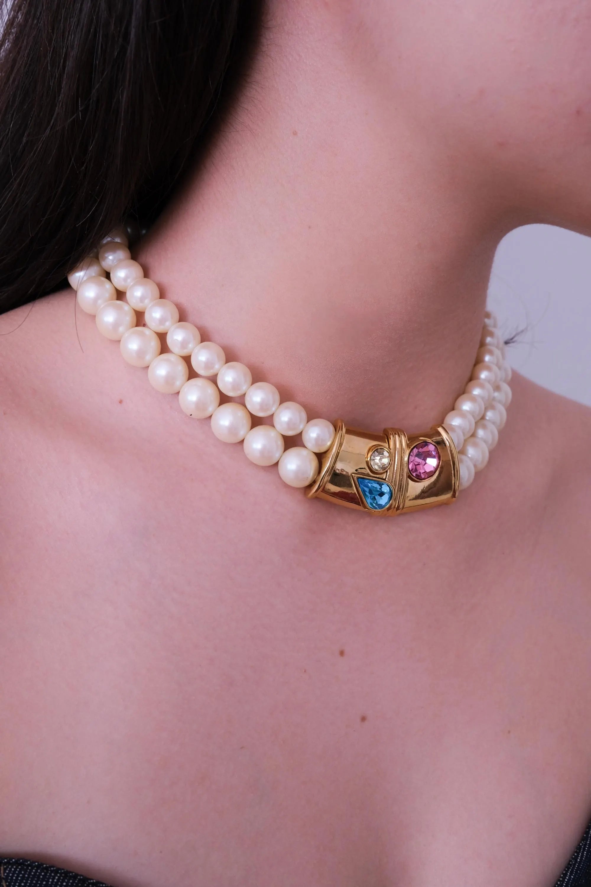 Elegant vintage Givenchy double strand pearl choker gold crystal statement clasp luxury