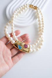 Vintage Givenchy pearl choker styled with dress timeless chic look