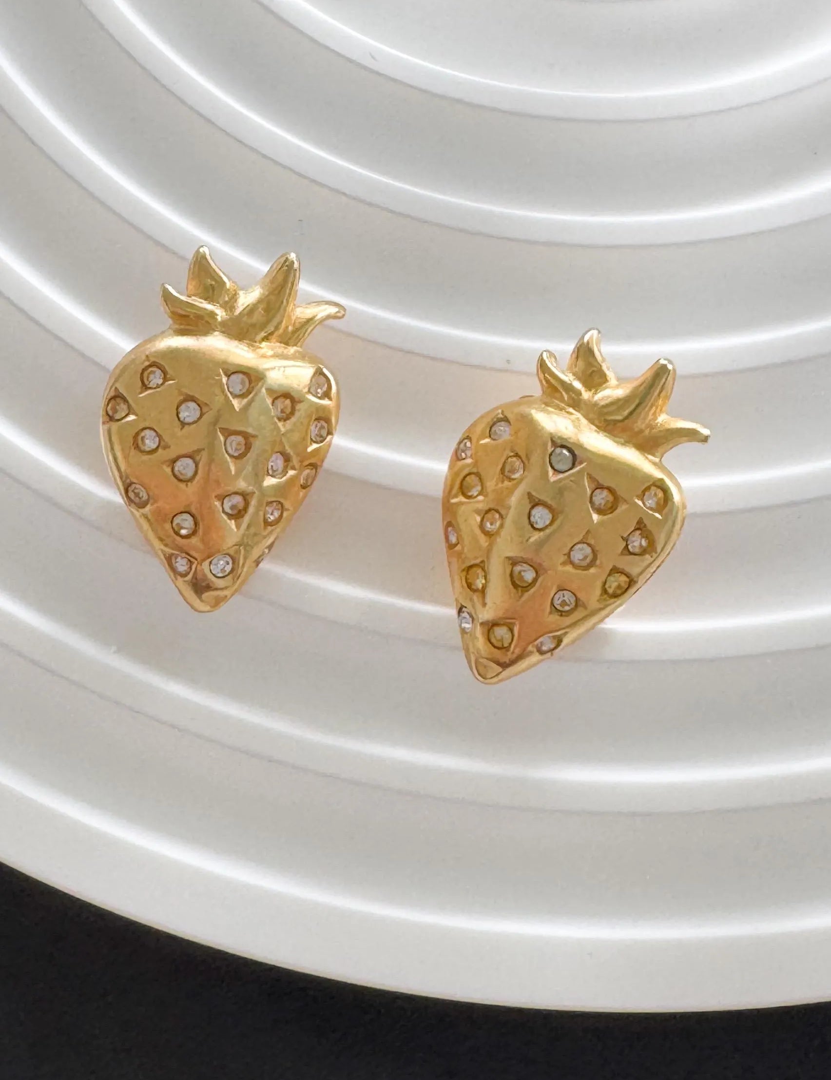 Vintage Givenchy Strawberry Clip-On Earrings Matte Gold Crystal Accents, 1980s Designer Jewelry, Cute Earrings, Vintage Earrings