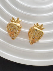 Vintage Givenchy Strawberry Clip-On Earrings Matte Gold Crystal Accents, 1980s Designer Jewelry, Cute Earrings, Vintage Earrings