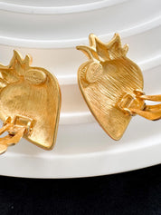 Vintage Givenchy Strawberry Clip-On Earrings Matte Gold Crystal Accents, 1980s Designer Jewelry, Cute Earrings, Vintage Earrings