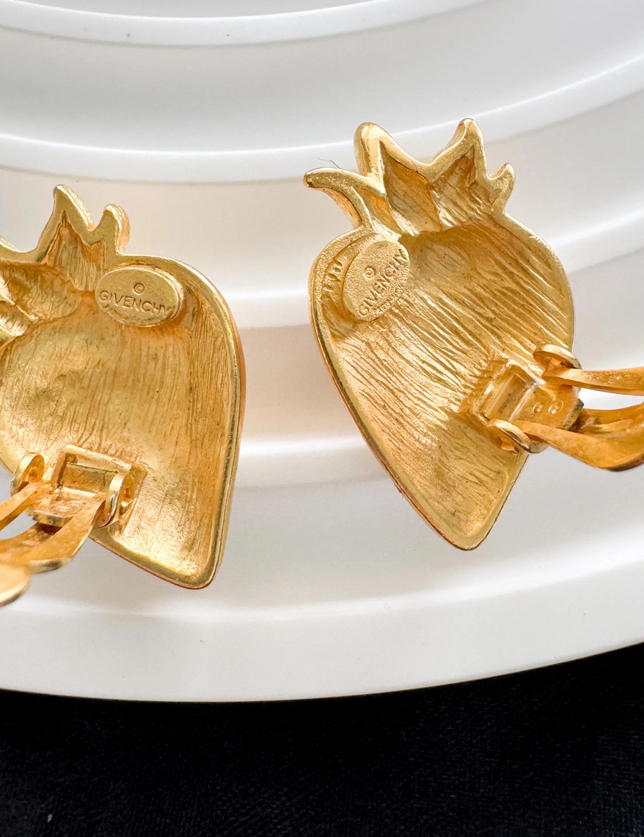 Vintage Givenchy Strawberry Clip-On Earrings Matte Gold Crystal Accents, 1980s Designer Jewelry, Cute Earrings, Vintage Earrings