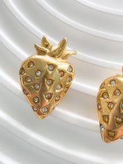 Vintage Givenchy Strawberry Clip-On Earrings Matte Gold Crystal Accents, 1980s Designer Jewelry, Cute Earrings, Vintage Earrings