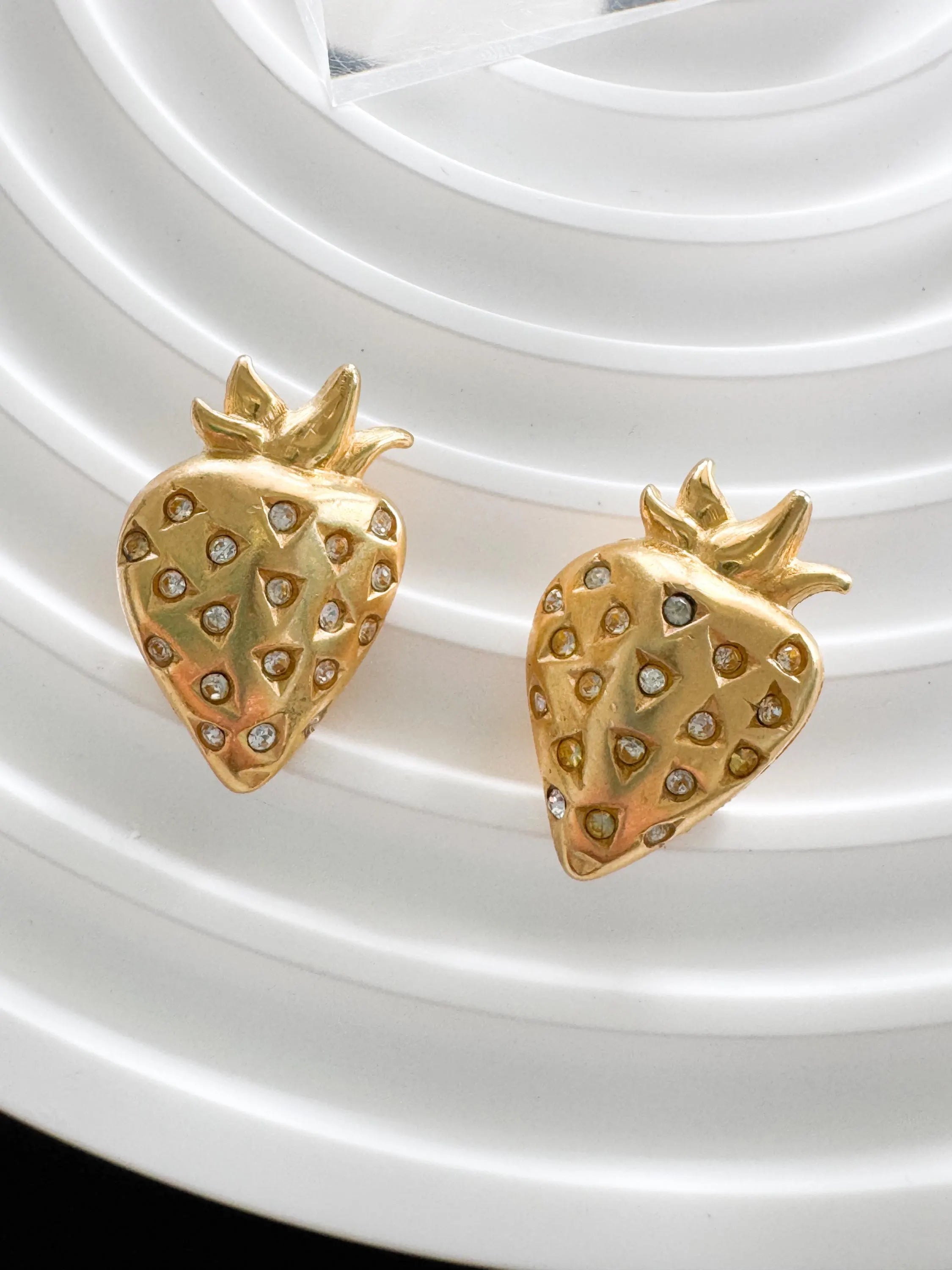 Vintage Givenchy Strawberry Clip-On Earrings Matte Gold Crystal Accents, 1980s Designer Jewelry, Cute Earrings, Vintage Earrings