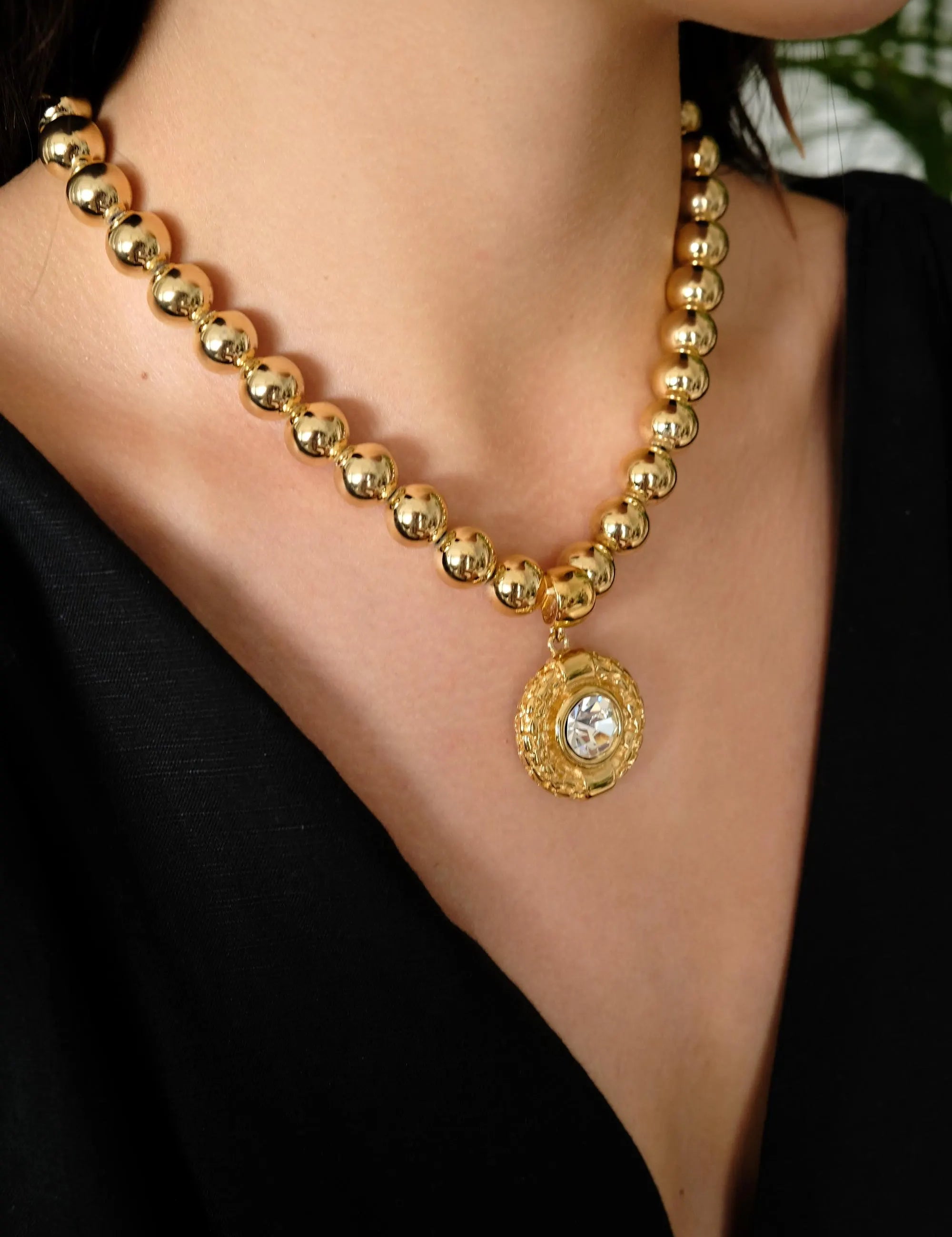 Vintage Givenchy Crystal Pendant Necklace, Gold-Plated Beads Bold, 1980s Statement Jewelry, Paris New York Gold Ball Choker with Large 