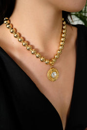 Vintage Givenchy Crystal Pendant Necklace, Gold-Plated Beads Bold, 1980s Statement Jewelry, Paris New York Gold Ball Choker with Large 