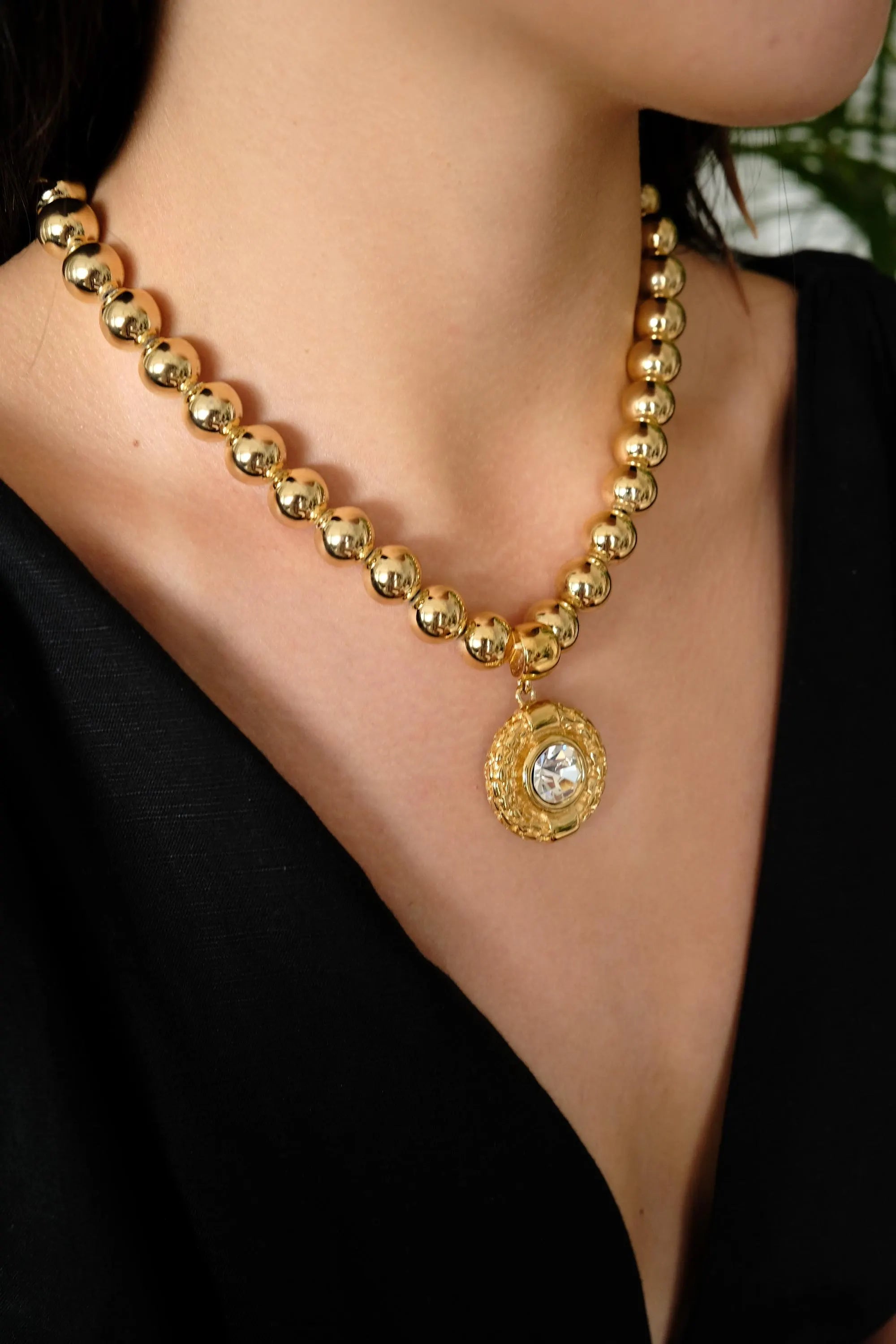 Vintage Givenchy Crystal Pendant Necklace, Gold-Plated Beads Bold, 1980s Statement Jewelry, Paris New York Gold Ball Choker with Large 