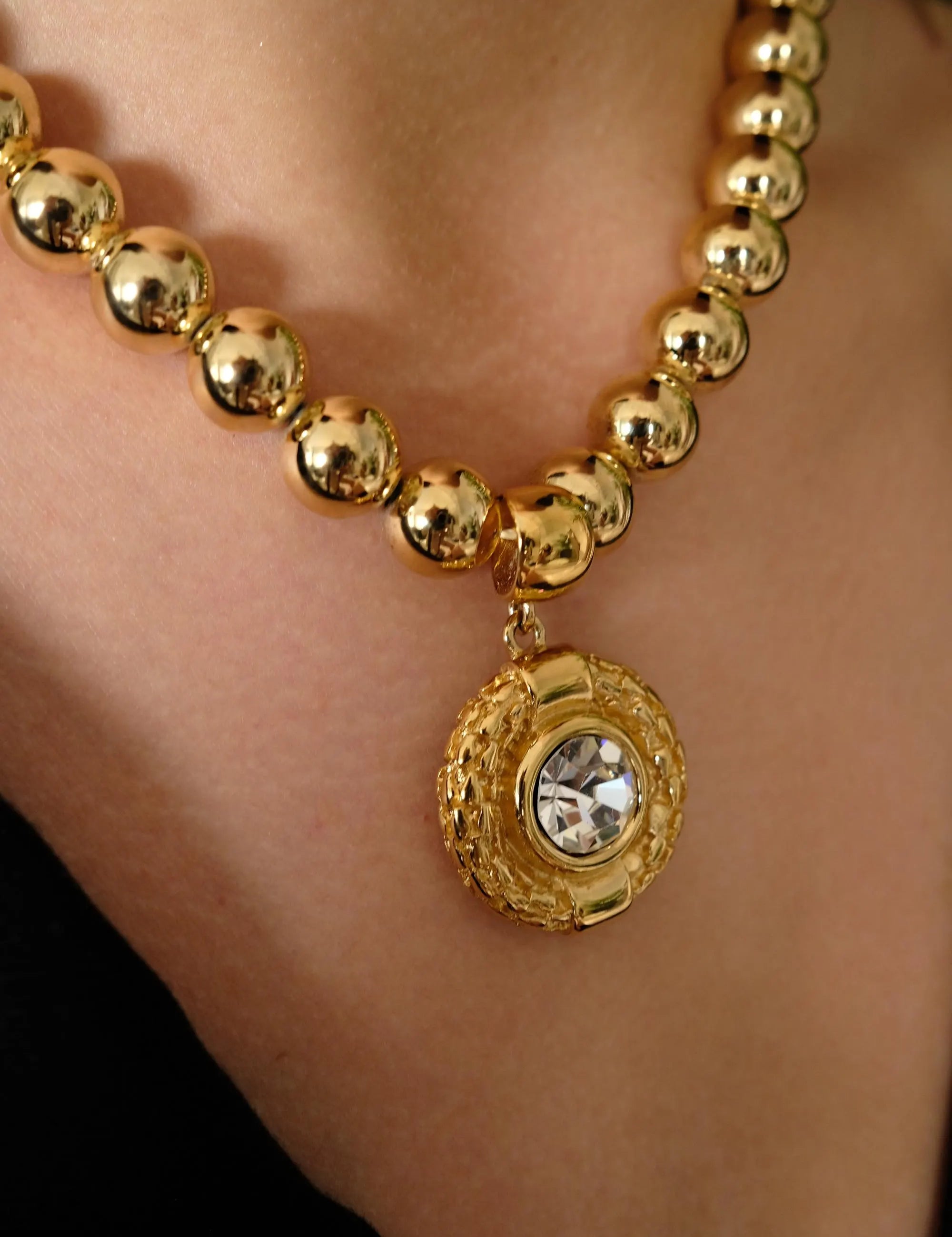 Vintage Givenchy Crystal Pendant Necklace, Gold-Plated Beads Bold, 1980s Statement Jewelry, Paris New York Gold Ball Choker with Large 