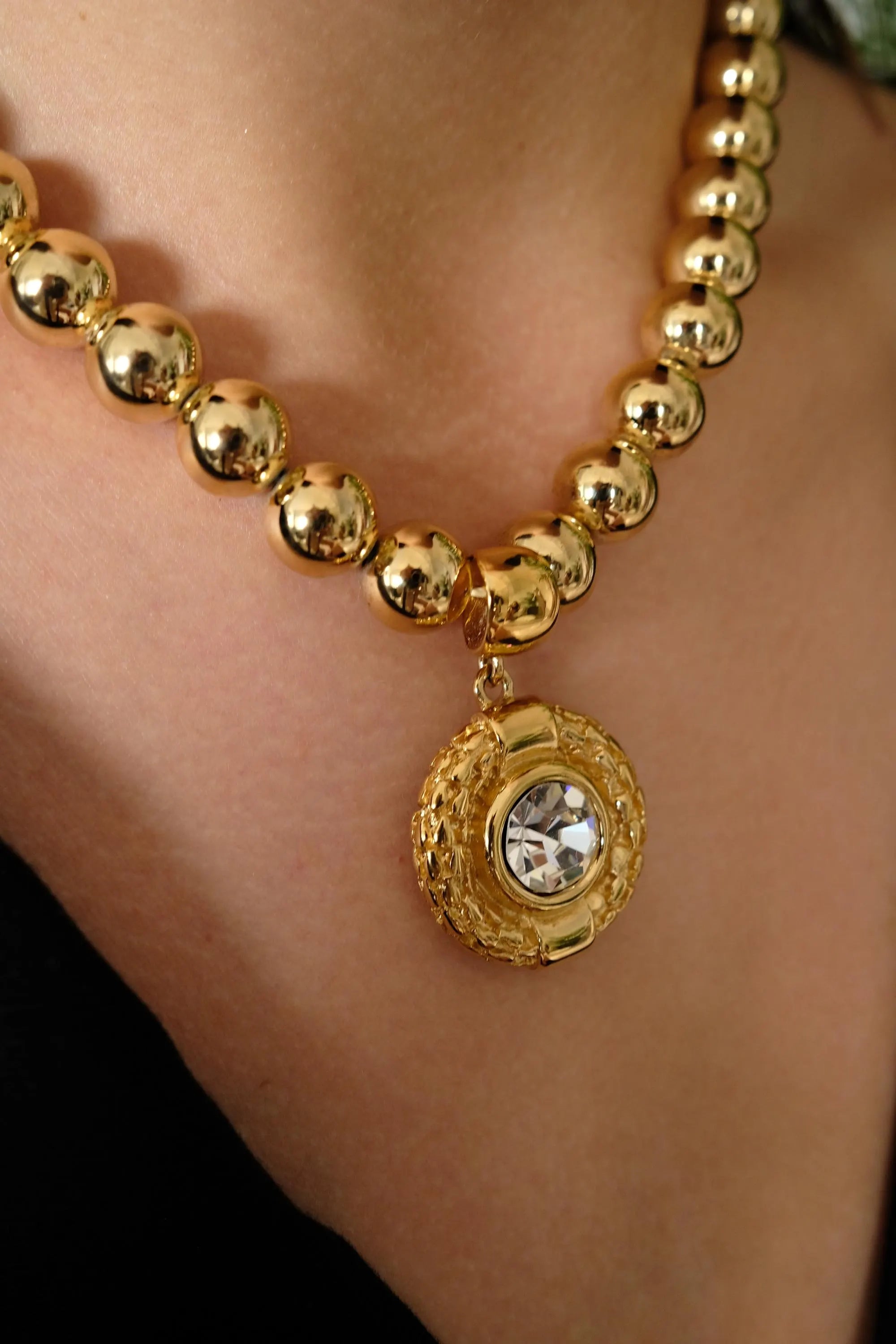 Vintage Givenchy Crystal Pendant Necklace, Gold-Plated Beads Bold, 1980s Statement Jewelry, Paris New York Gold Ball Choker with Large 