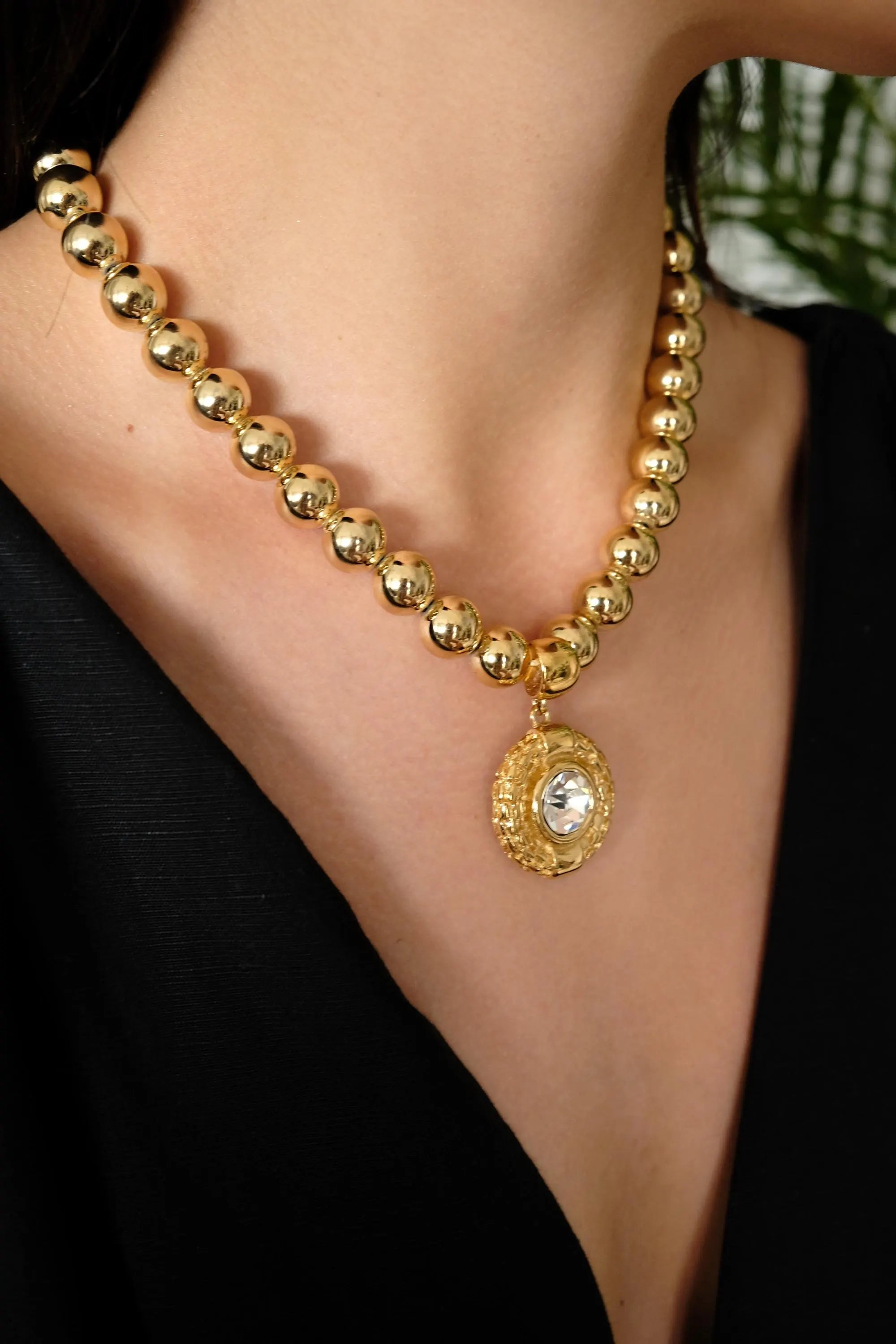 Vintage Givenchy Crystal Pendant Necklace, Gold-Plated Beads Bold, 1980s Statement Jewelry, Paris New York Gold Ball Choker with Large 