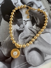 Vintage Givenchy Crystal Pendant Necklace, Gold-Plated Beads Bold, 1980s Statement Jewelry, Paris New York Gold Ball Choker with Large 