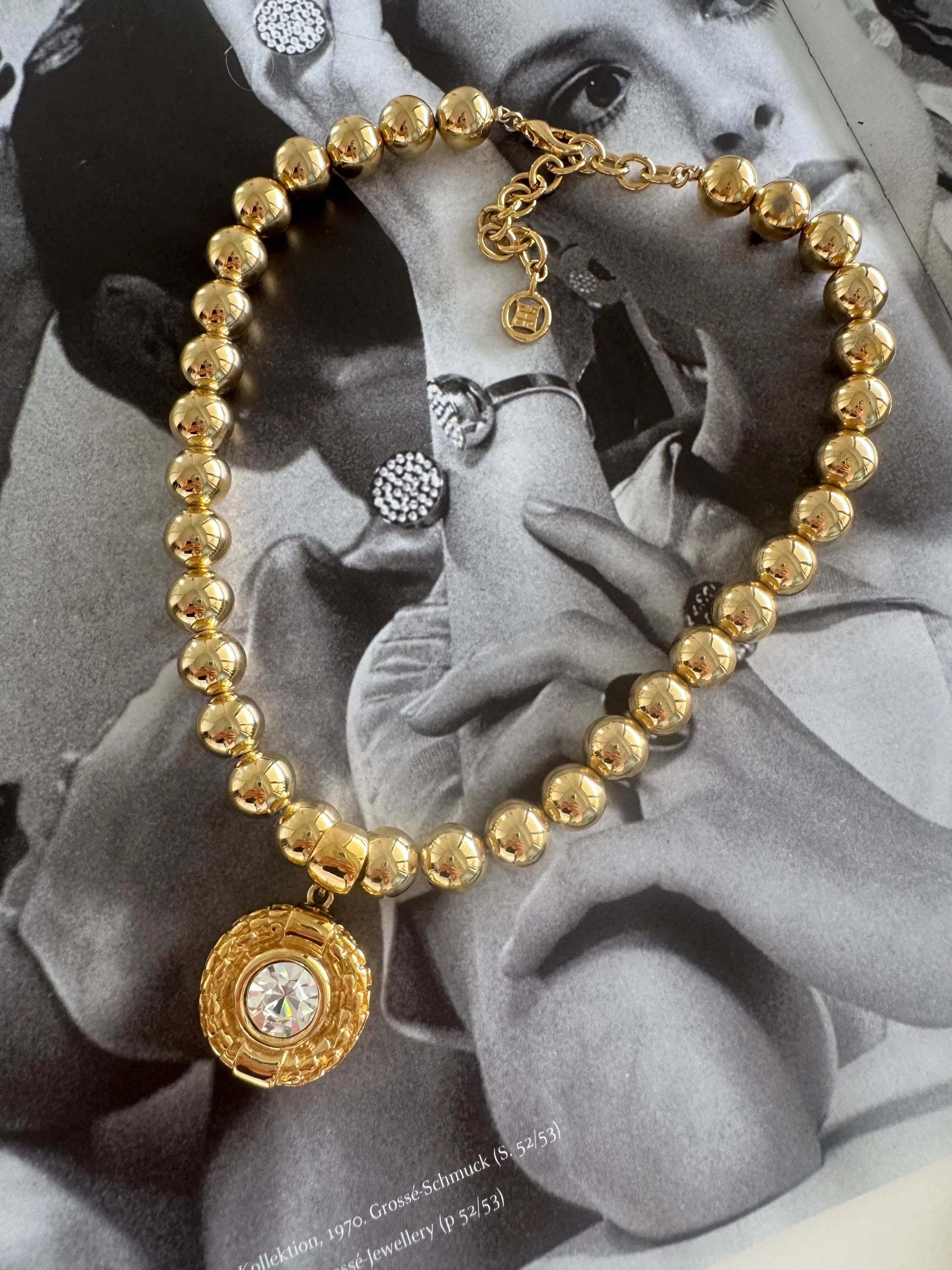 Vintage Givenchy Crystal Pendant Necklace, Gold-Plated Beads Bold, 1980s Statement Jewelry, Paris New York Gold Ball Choker with Large 