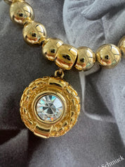 Vintage Givenchy Crystal Pendant Necklace, Gold-Plated Beads Bold, 1980s Statement Jewelry, Paris New York Gold Ball Choker with Large 