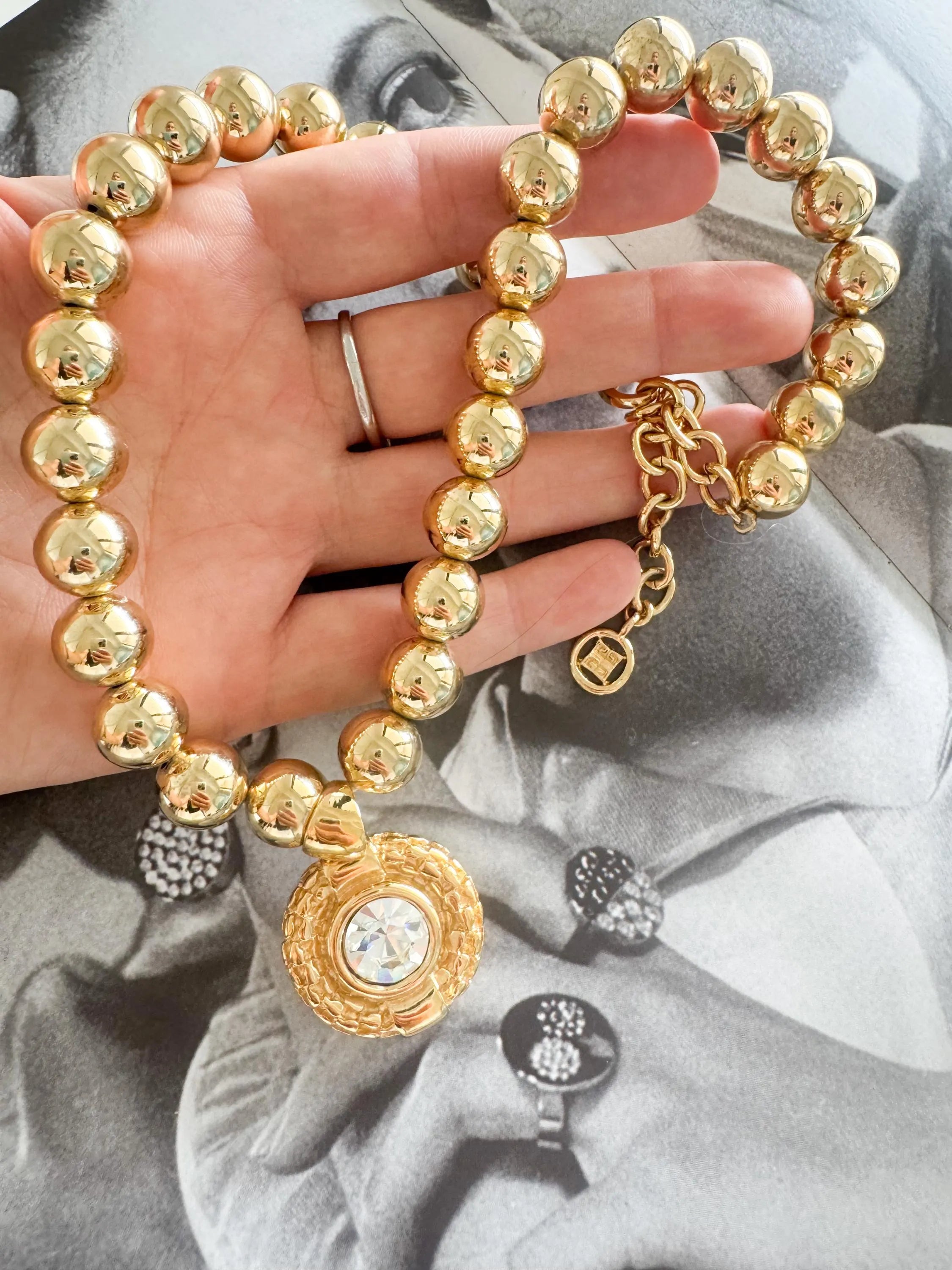 Vintage Givenchy Crystal Pendant Necklace, Gold-Plated Beads Bold, 1980s Statement Jewelry, Paris New York Gold Ball Choker with Large 