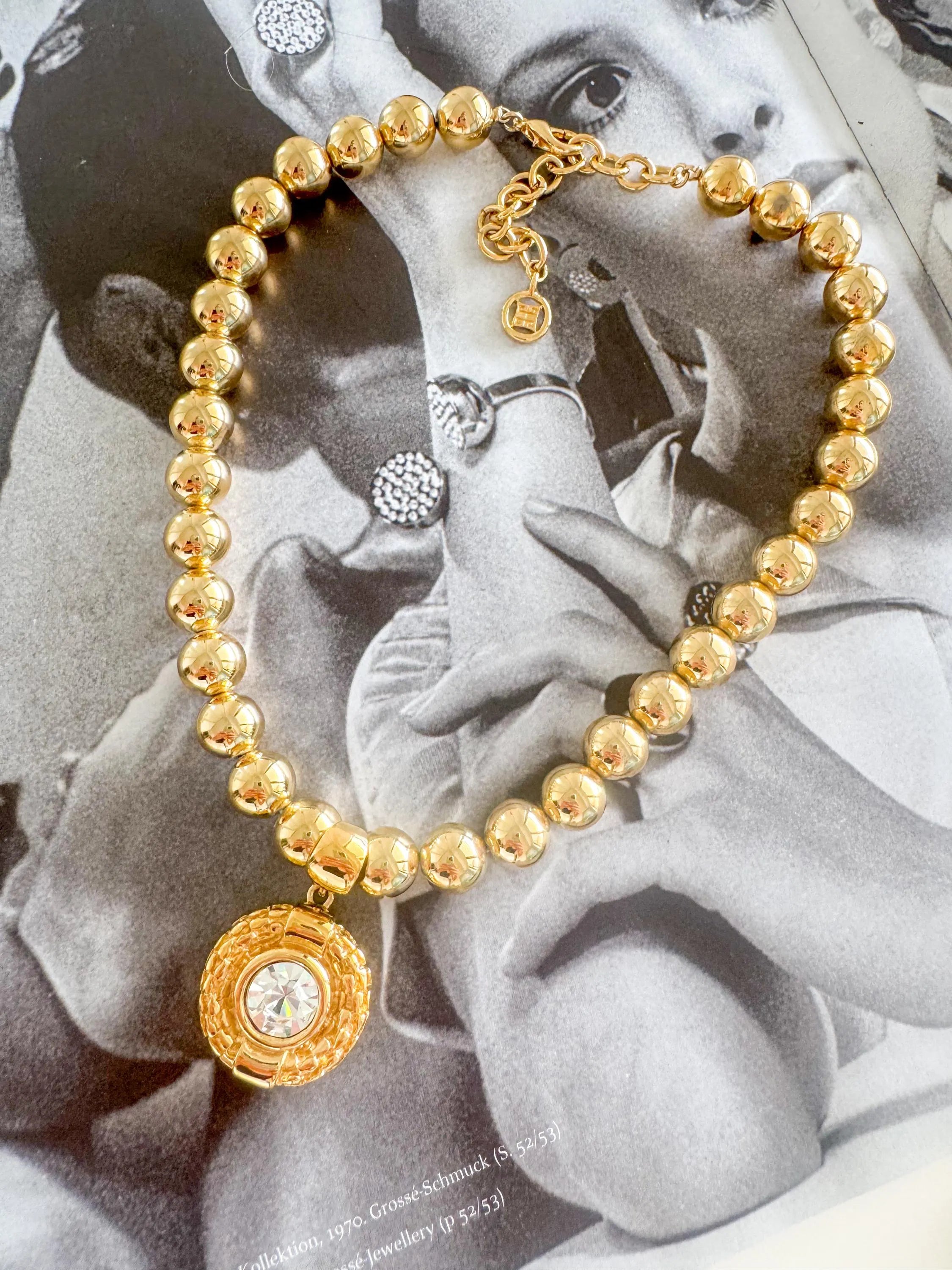 Vintage Givenchy Crystal Pendant Necklace, Gold-Plated Beads Bold, 1980s Statement Jewelry, Paris New York Gold Ball Choker with Large 