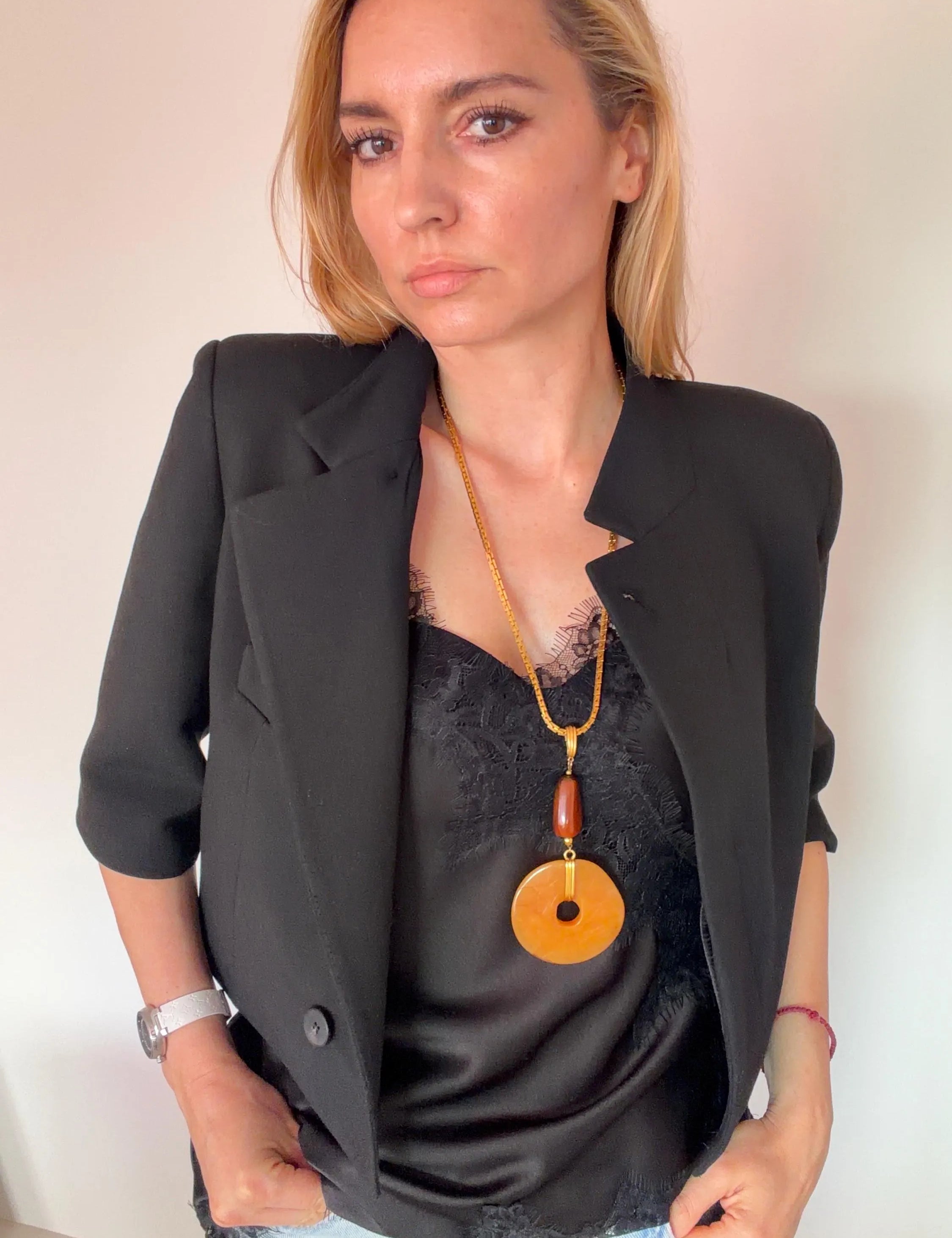 Vintage Givenchy gold pendant necklace amber resin elegant designer jewelry