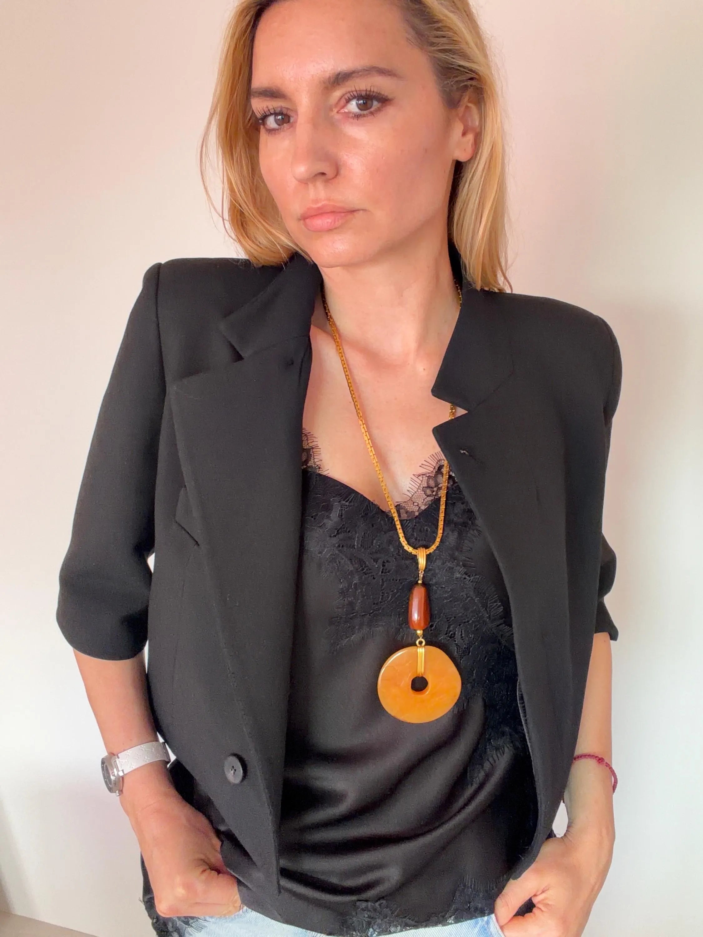 Vintage Givenchy gold pendant necklace amber resin elegant designer jewelry
