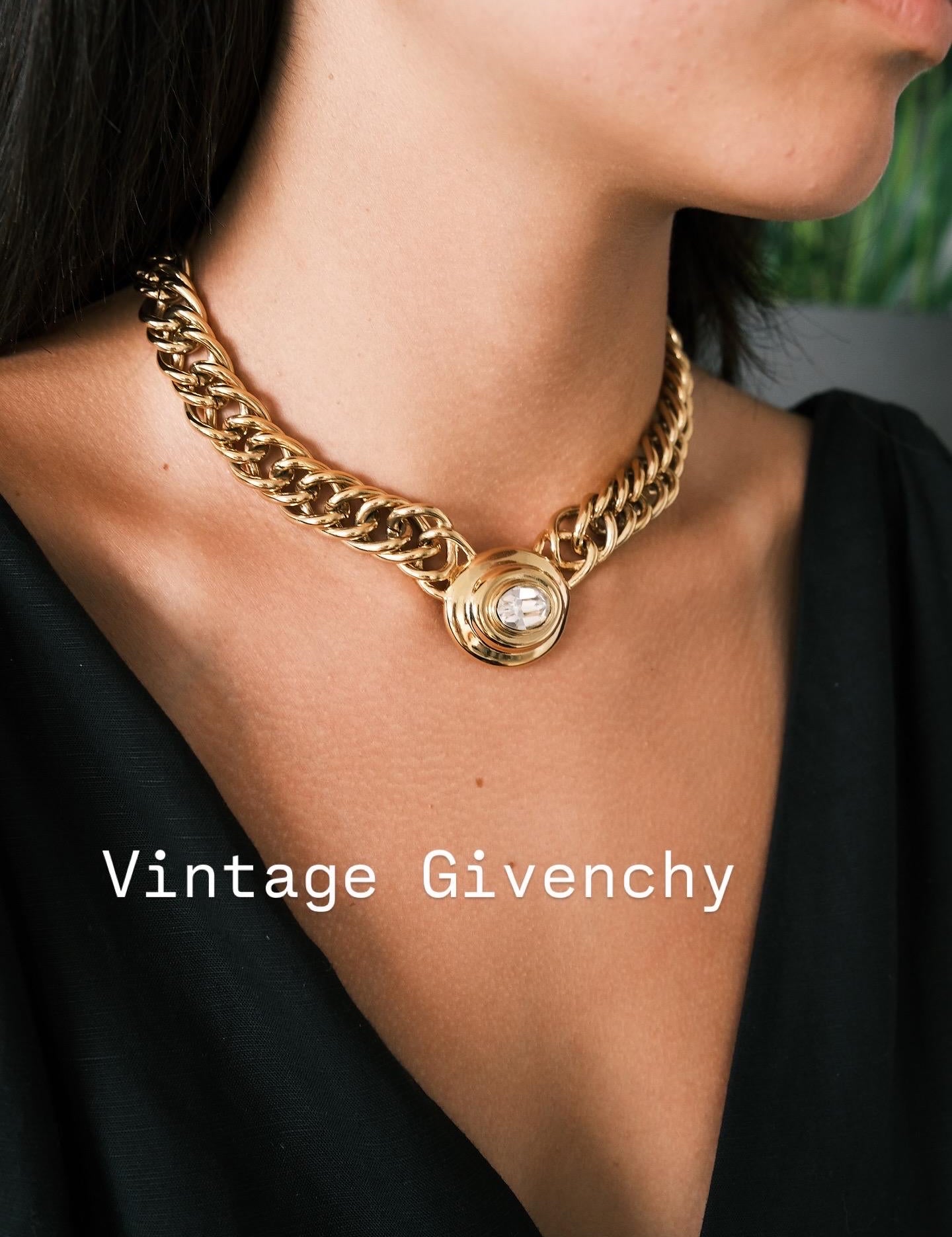 Vintage Givenchy Necklace Choker, Gold Necklace Givenchy, 1980s crystal center piece, Bridal necklace, gift for her, vintage rhinestones