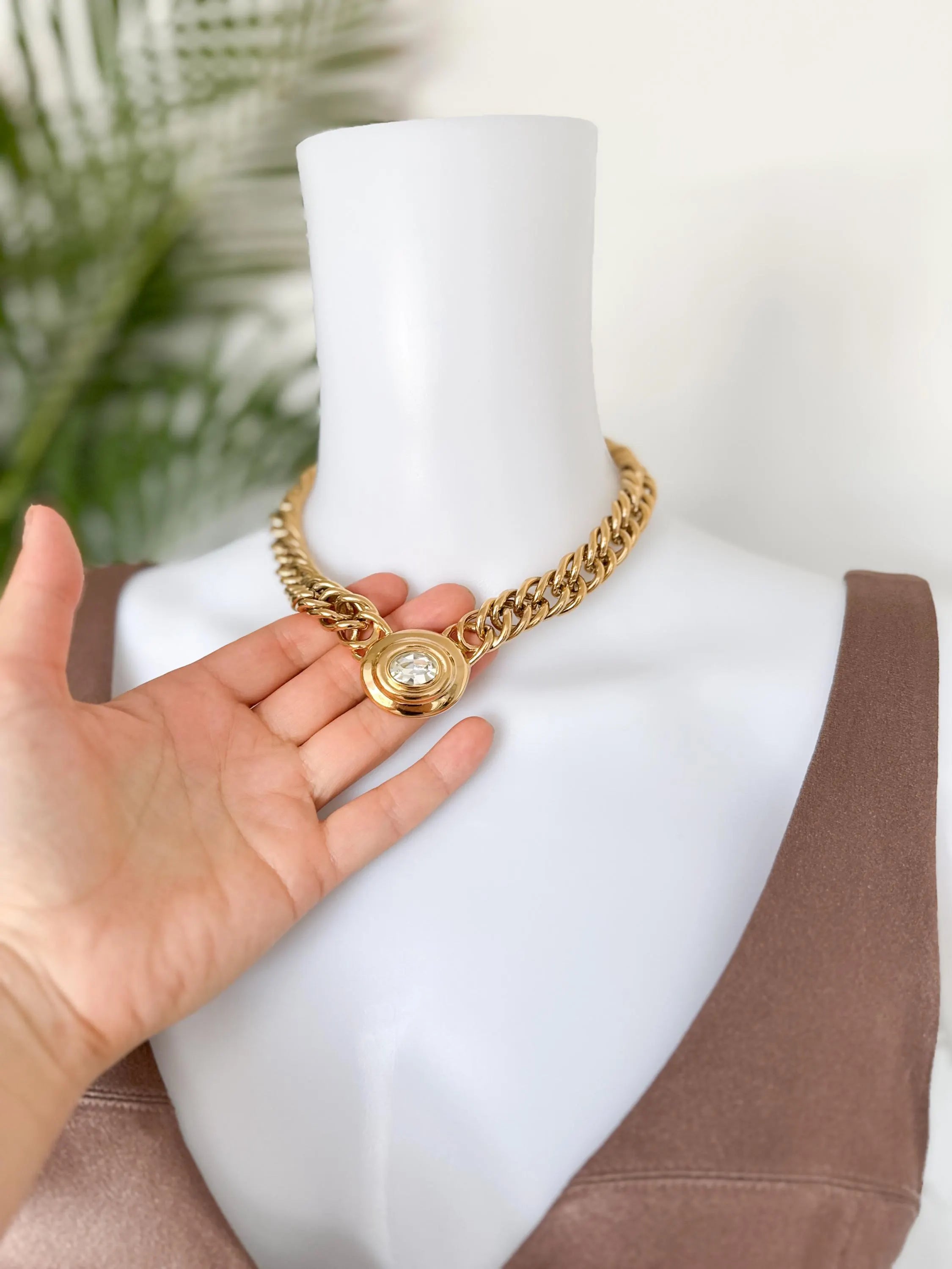 Vintage Givenchy Necklace Choker, Gold Necklace Givenchy, 1980s crystal center piece, Bridal necklace, gift for her, vintage rhinestones