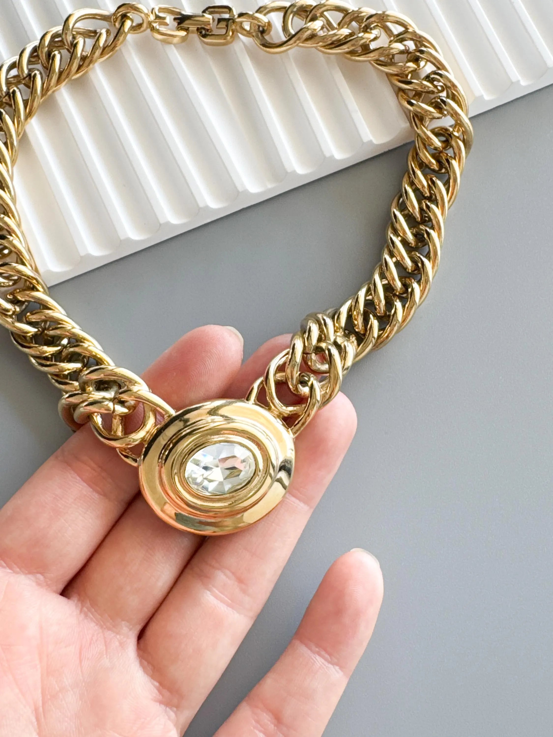 Vintage Givenchy Necklace Choker, Gold Necklace Givenchy, 1980s crystal center piece, Bridal necklace, gift for her, vintage rhinestones