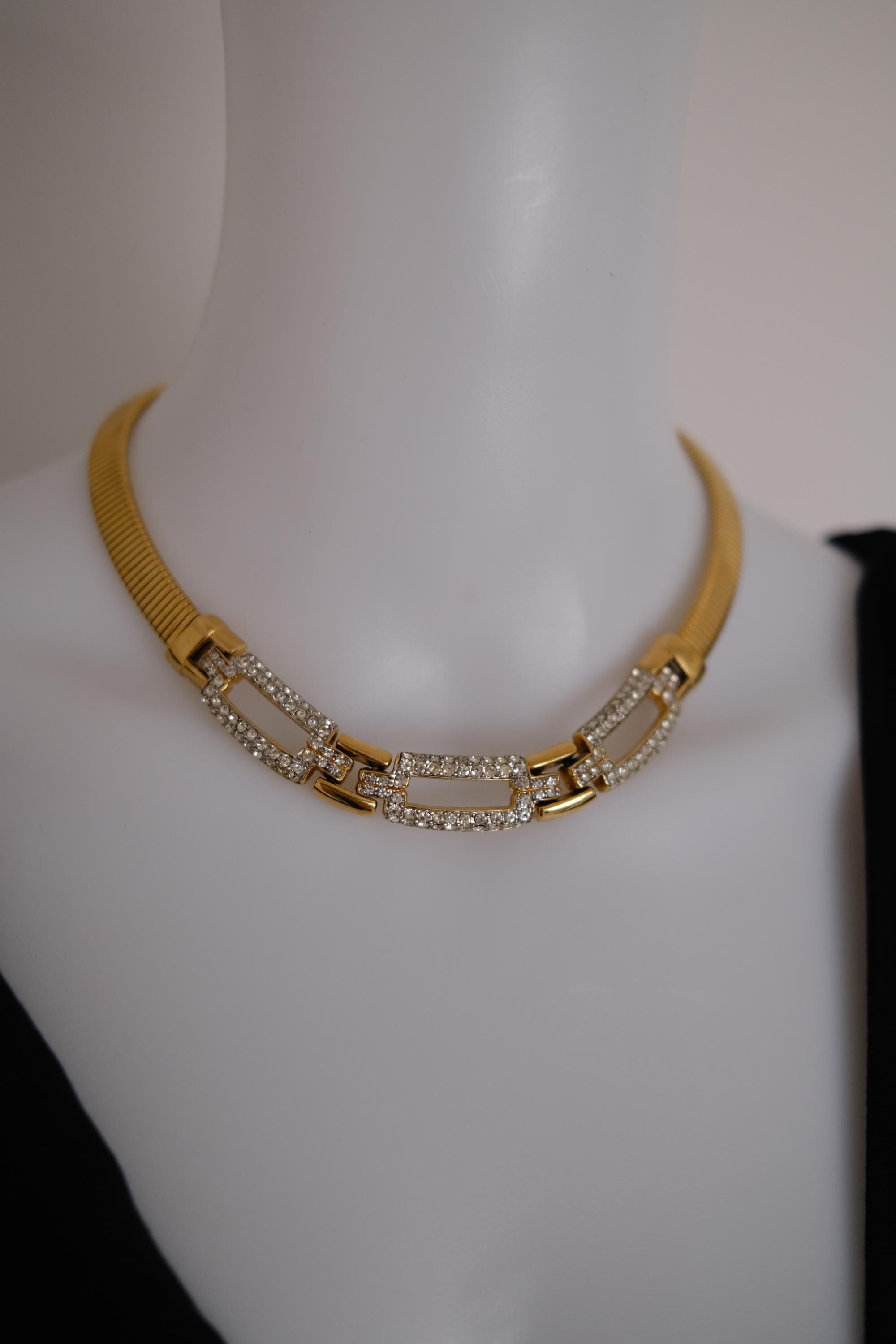 Vintage Givenchy gold-tone choker necklace with crystal-set geometric links 