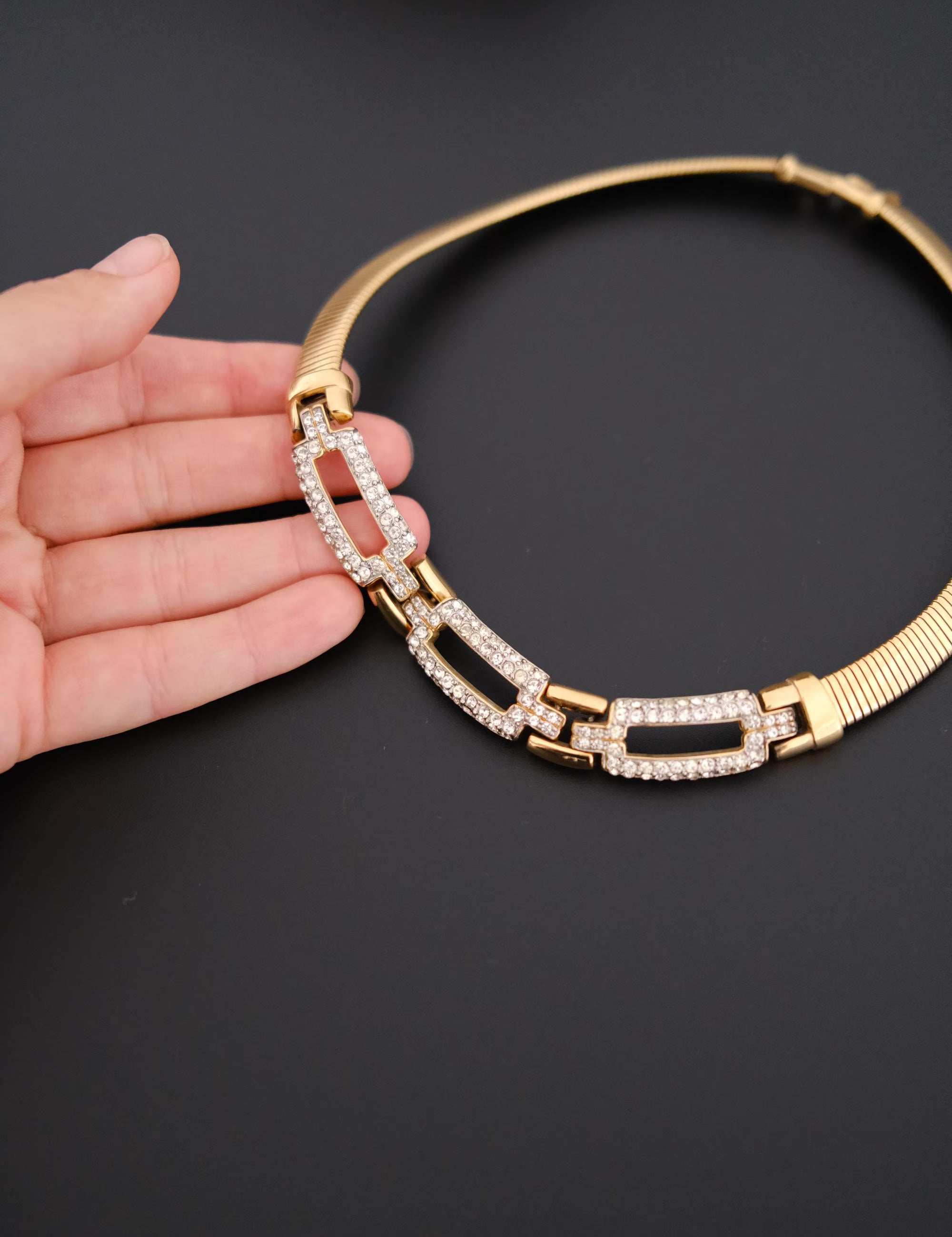 Vintage Givenchy gold-tone choker necklace with crystal-set geometric links 
