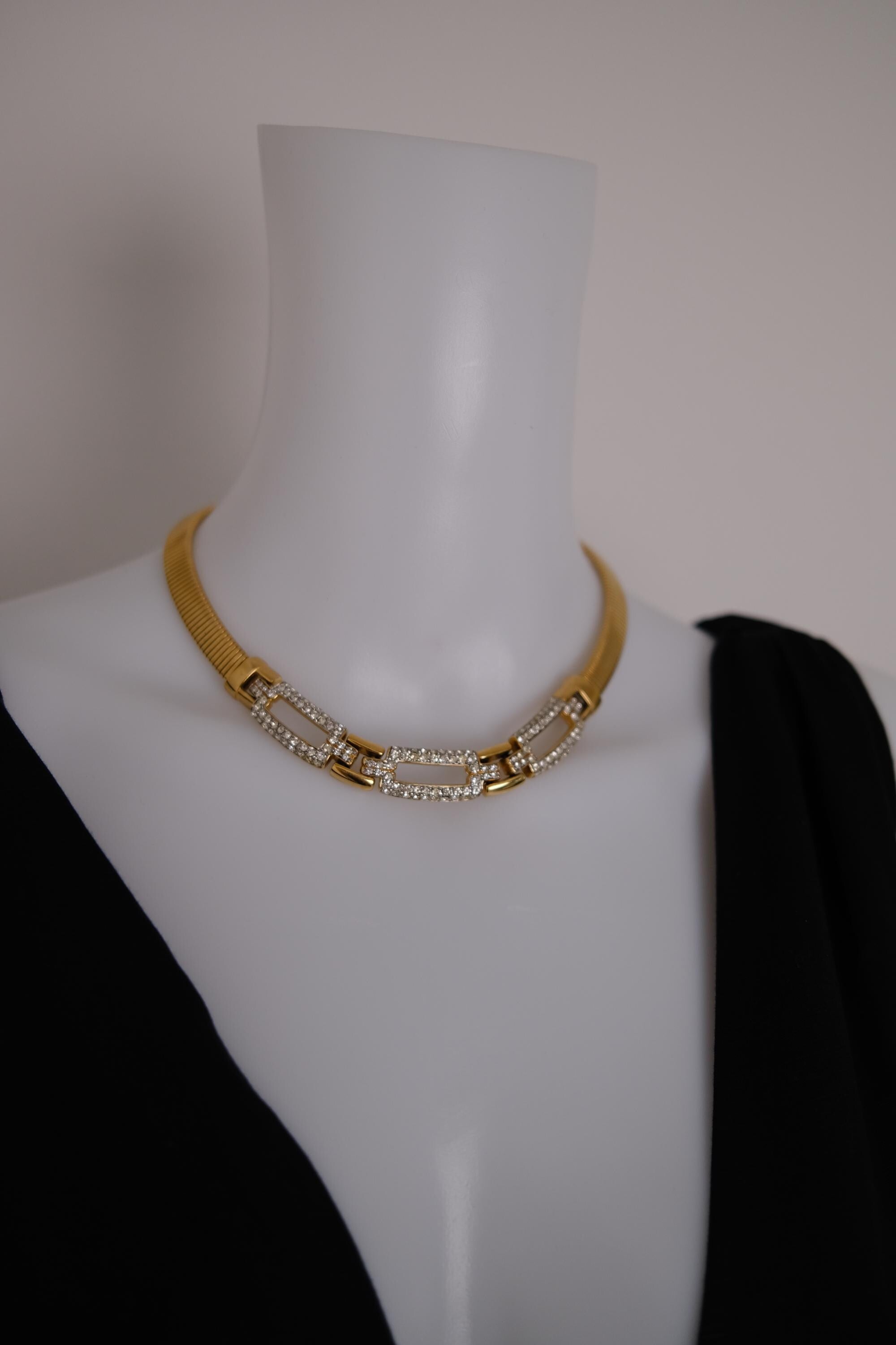 Vintage Givenchy gold-tone choker necklace with crystal-set geometric links 