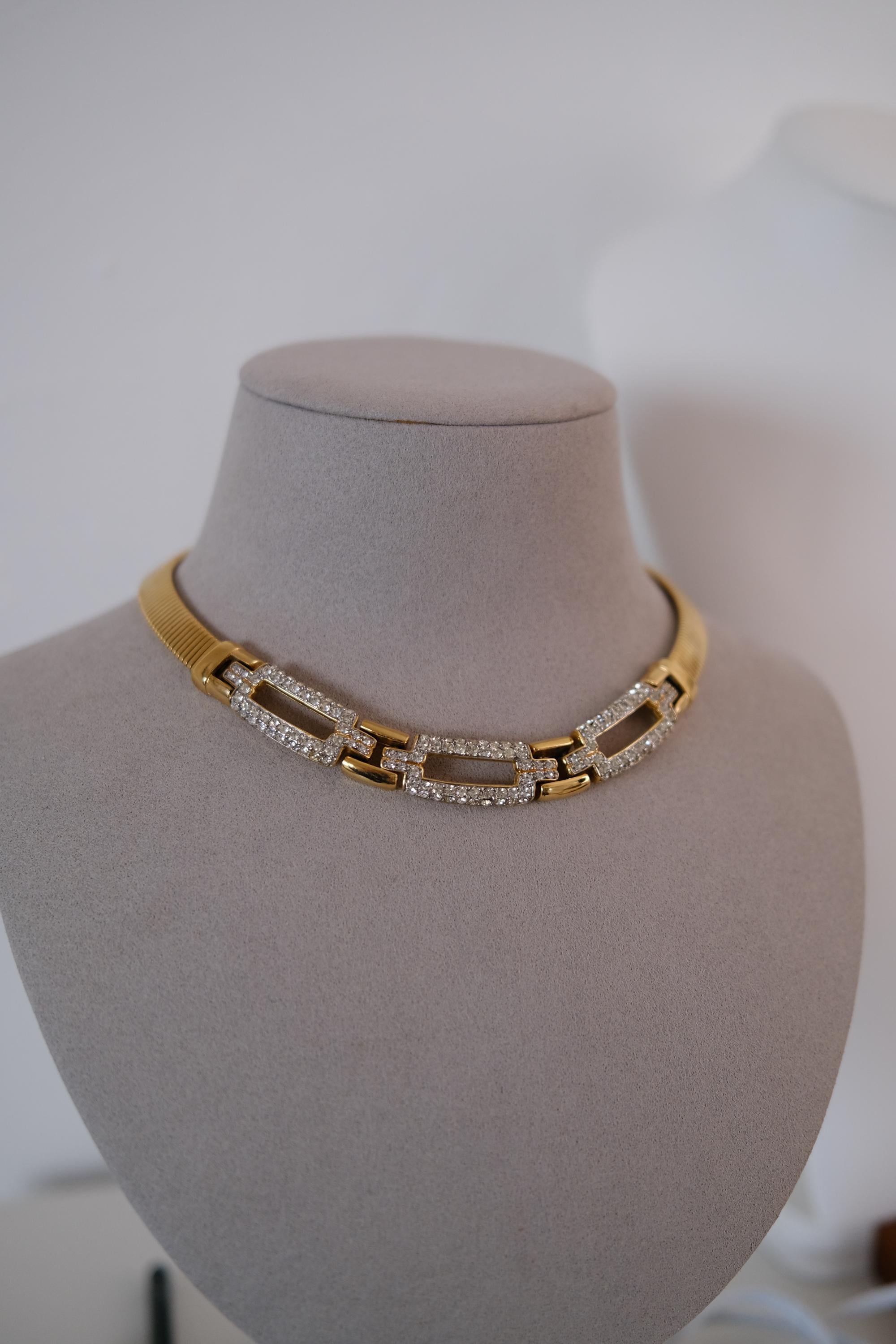 Vintage Givenchy gold-tone choker necklace with crystal-set geometric links 