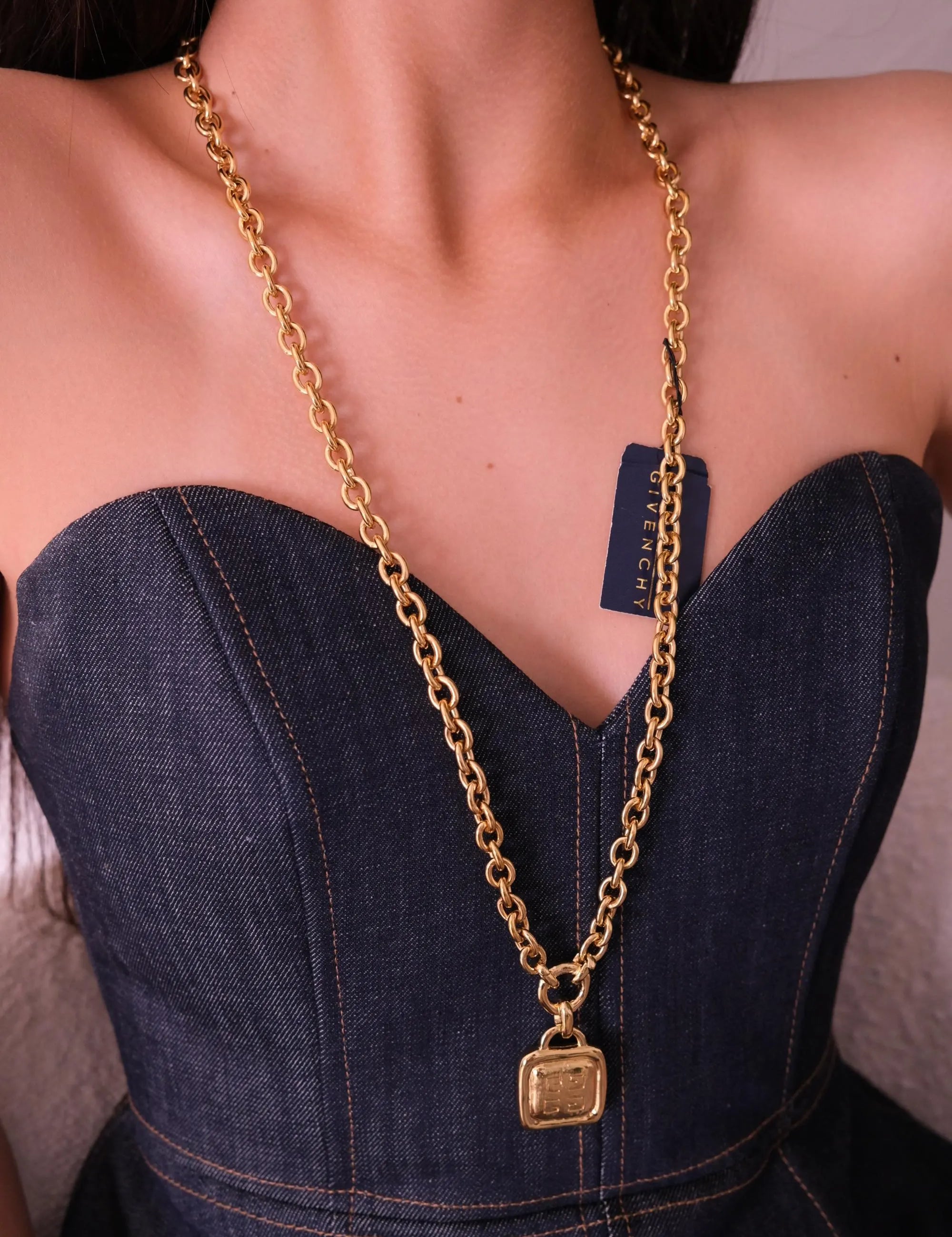 Vintage Givenchy Gold Logo Pendant Necklace Long Rolo Chain, Gift for her, Women Jewelry, Vintage Jewelry, Necklace Large