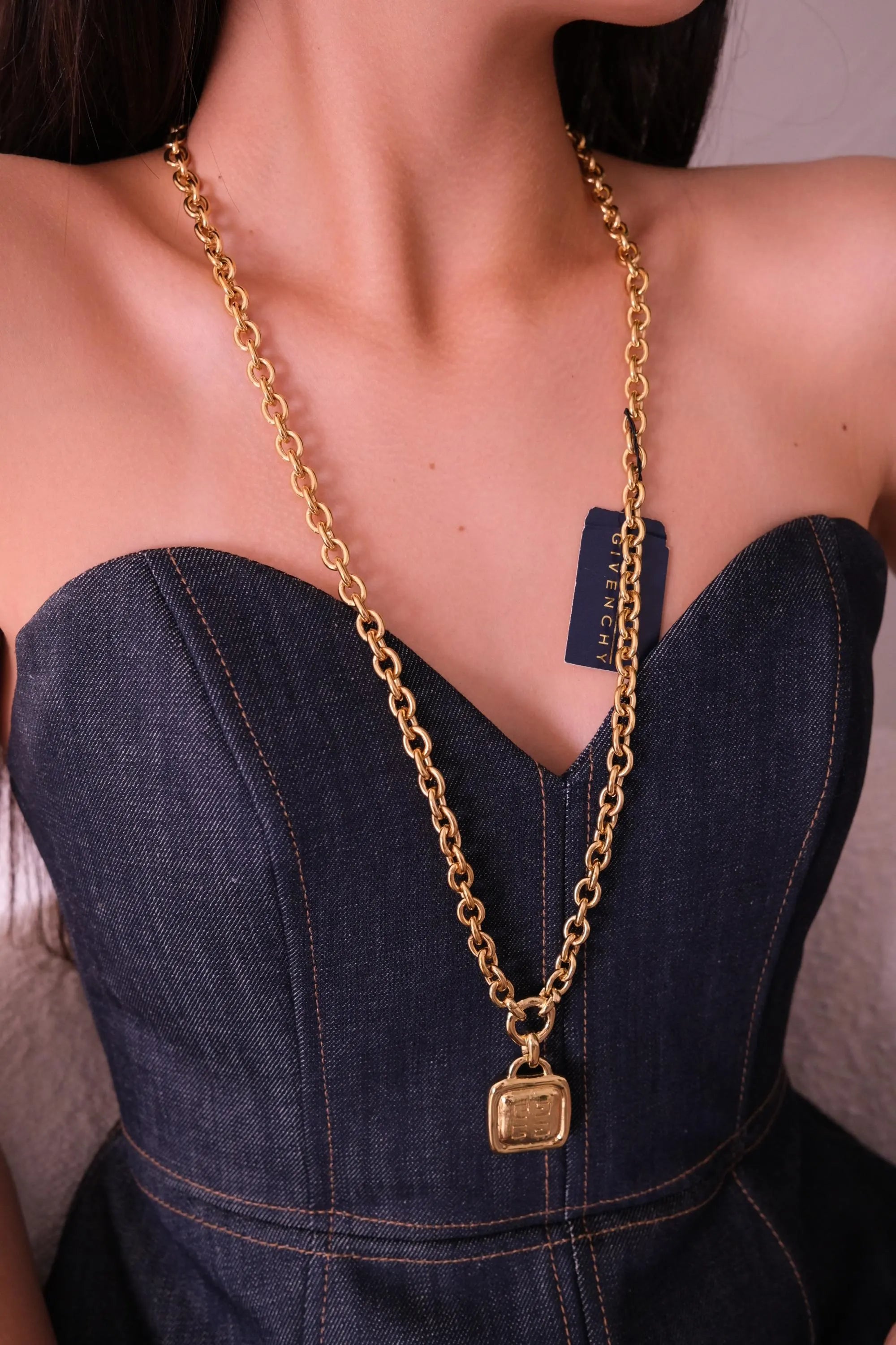 Vintage Givenchy Gold Logo Pendant Necklace Long Rolo Chain, Gift for her, Women Jewelry, Vintage Jewelry, Necklace Large