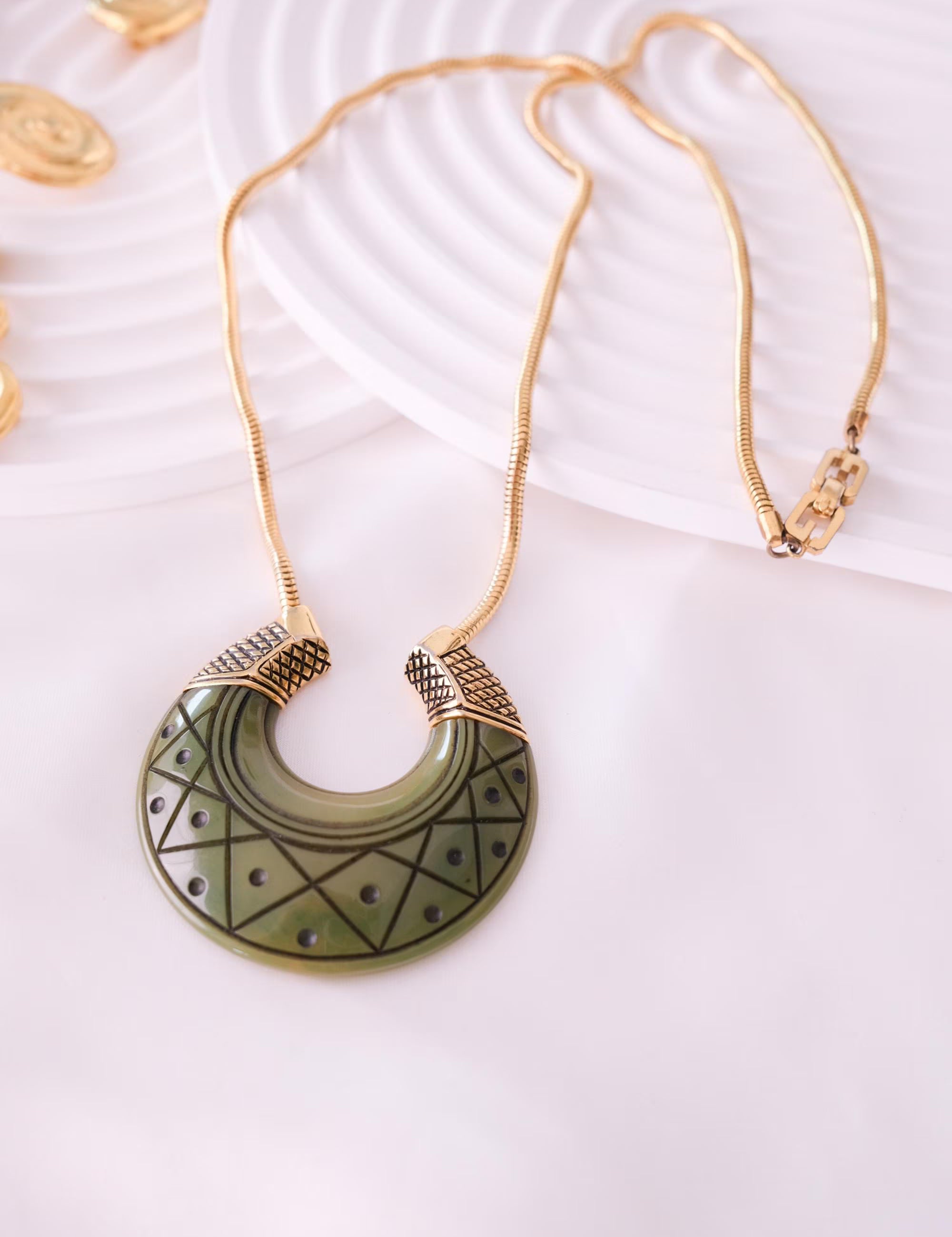 Vintage Givenchy Jade Green Pendant Necklace - 1977 Gold-Tone Statement