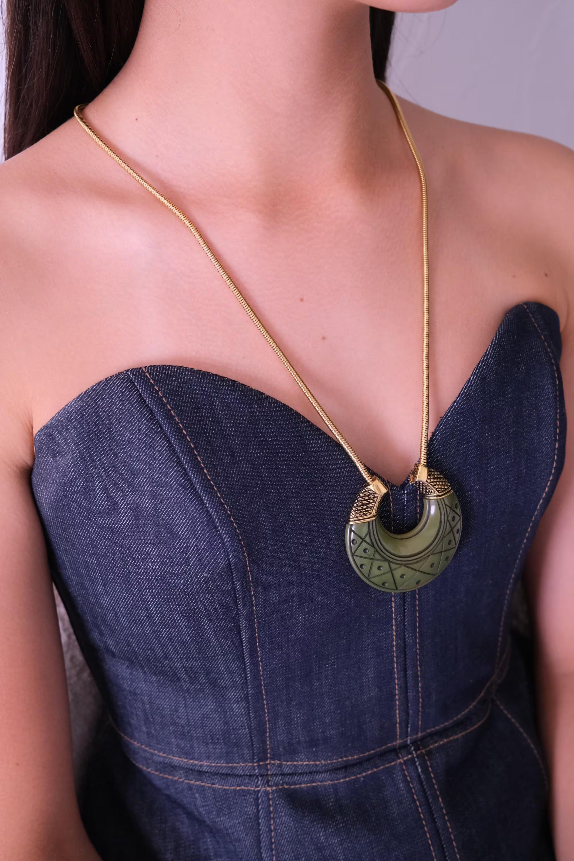 Vintage Givenchy Jade Green Pendant Necklace 1977 Gold Tone Statement