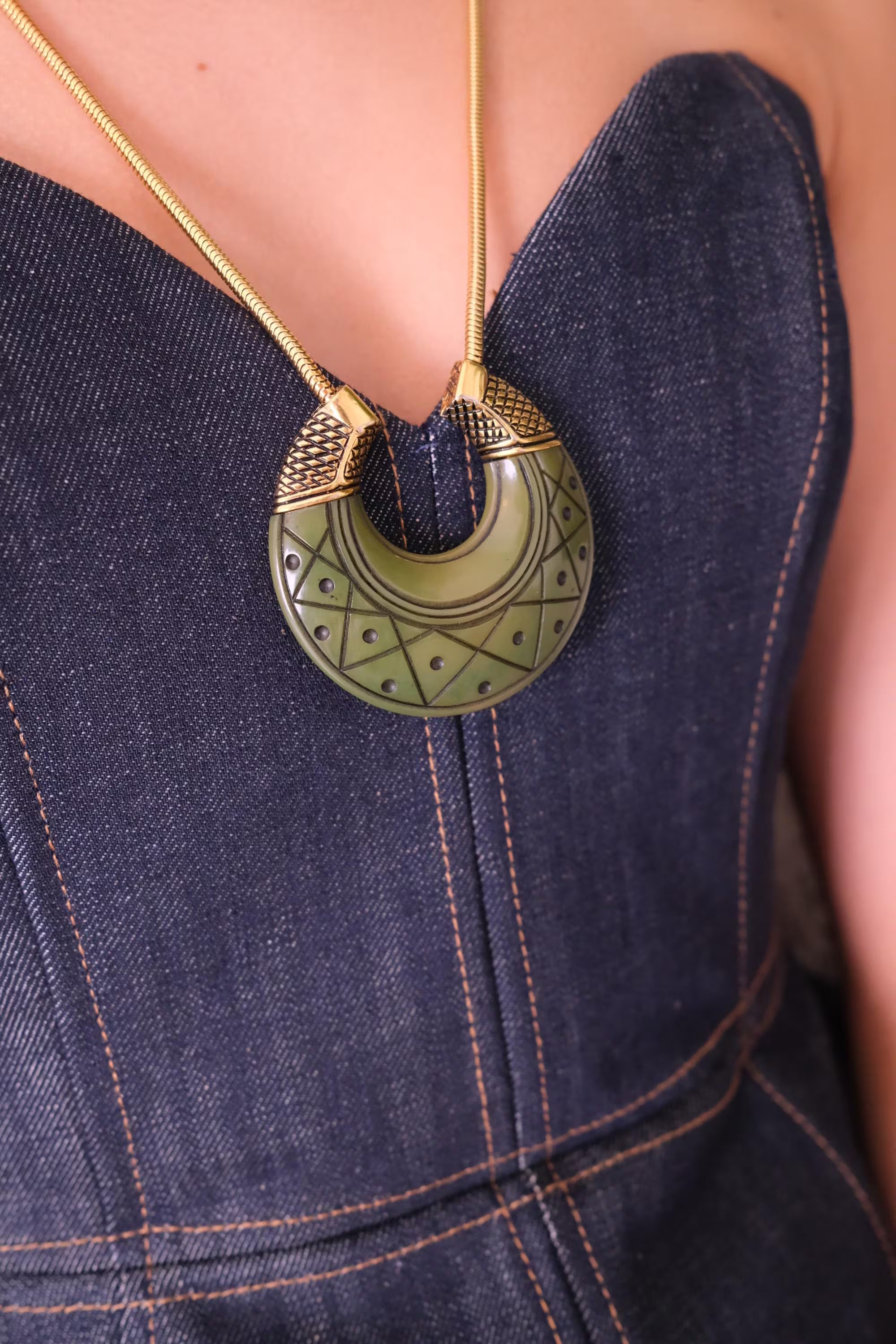 Vintage Givenchy Jade Green Pendant Necklace 1977 Gold Tone Statement