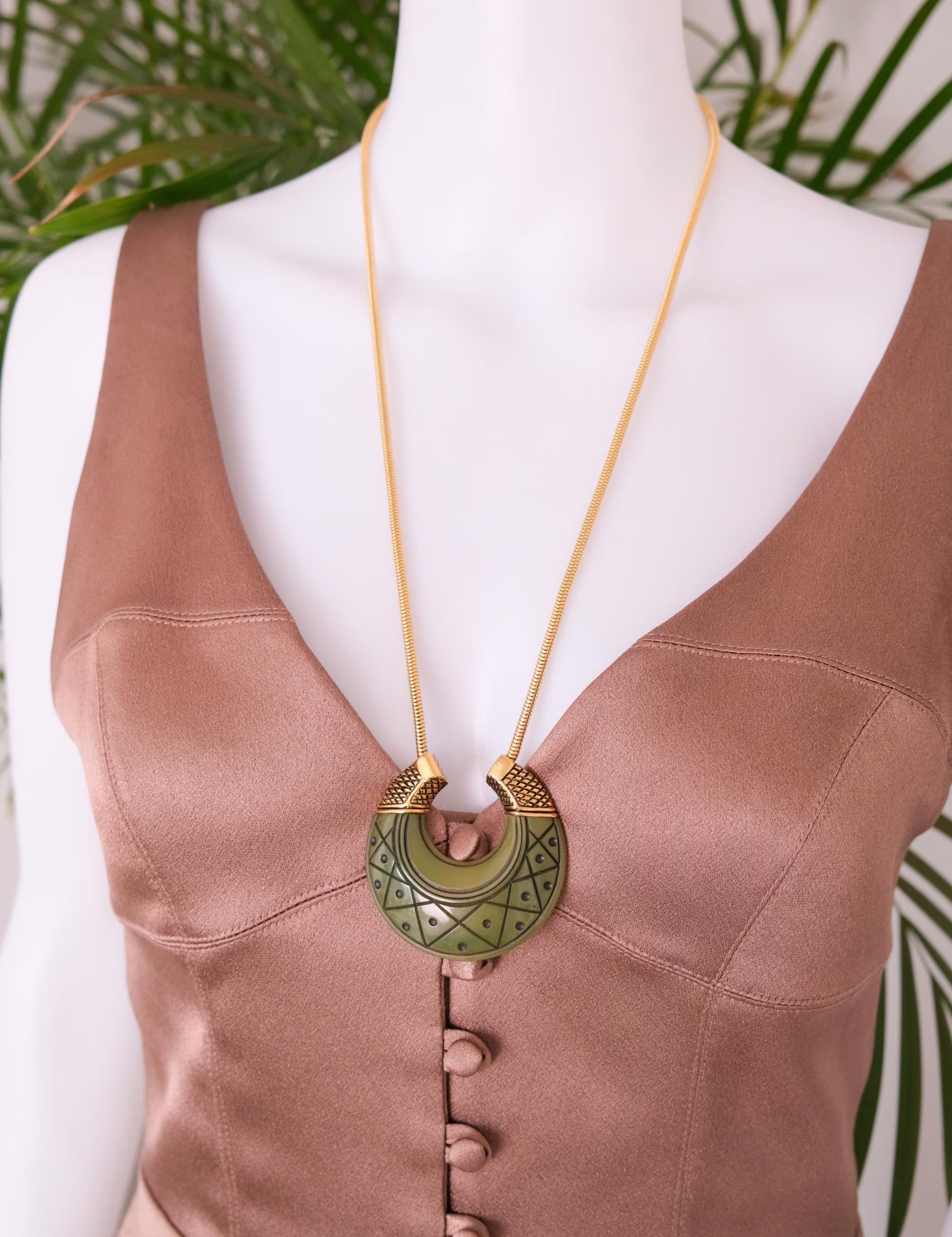 Vintage Givenchy Jade Green Pendant Necklace - 1977 Gold-Tone Statement