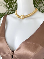 Vintage Givenchy Choker Necklace Gaspipe White Stone Accent Charm Gold Tone