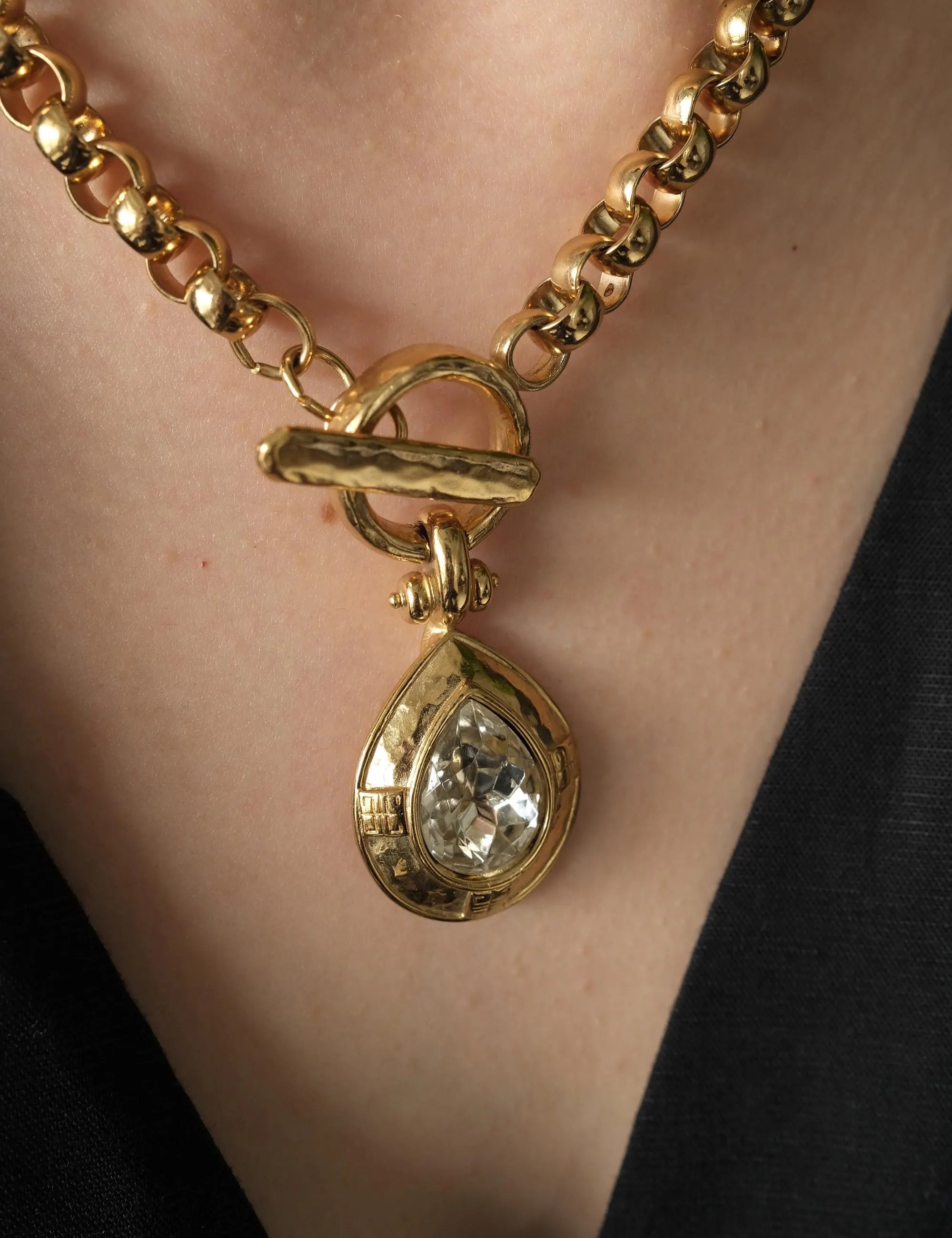 Vintage Givenchy Necklace Choker toggle clasp , Gold Necklace Givenchy, 1980s teardrop crystal , Bridal necklace, gift for her