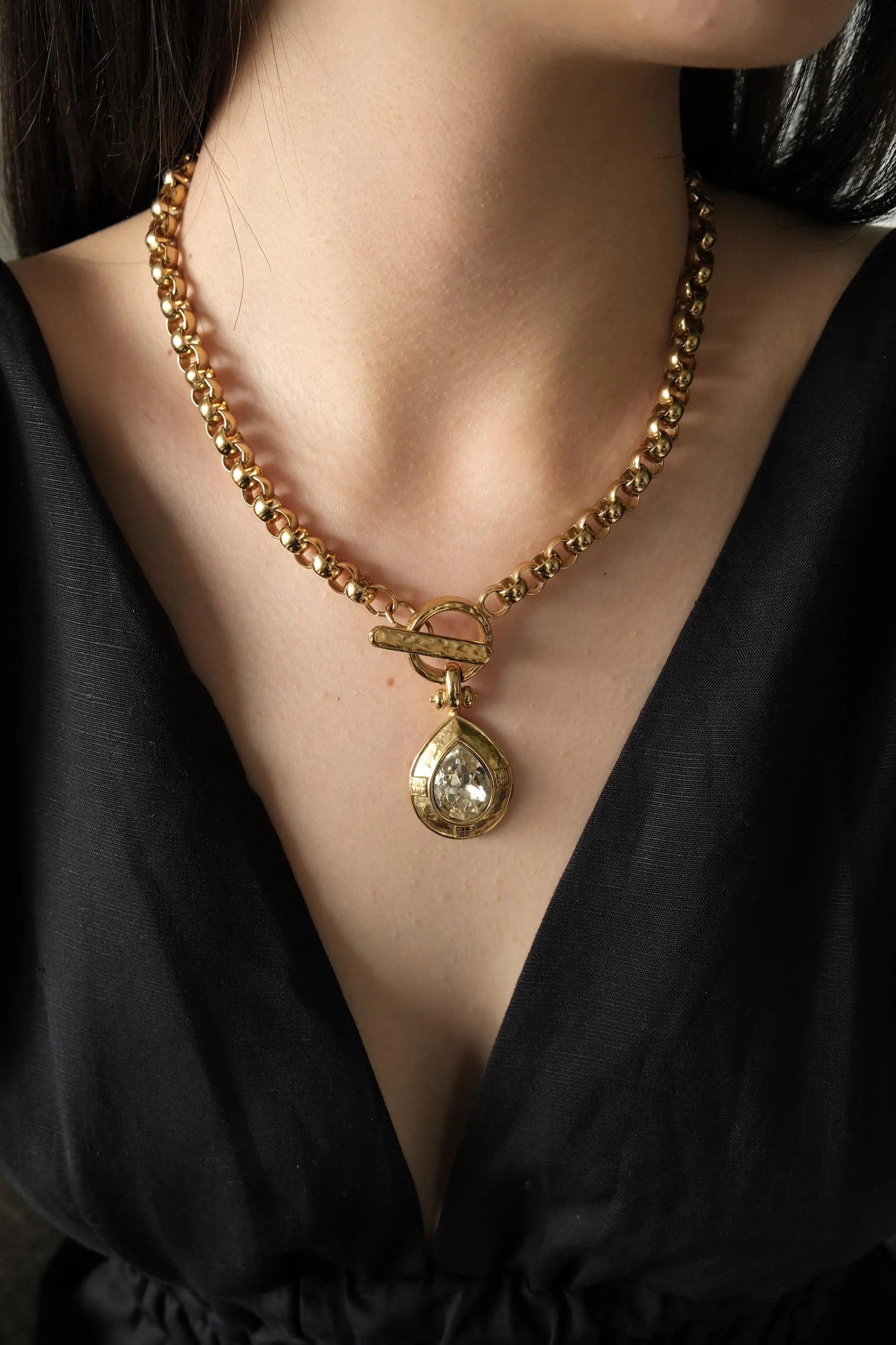 Vintage Givenchy Necklace Choker toggle clasp , Gold Necklace Givenchy, 1980s teardrop crystal , Bridal necklace, gift for her