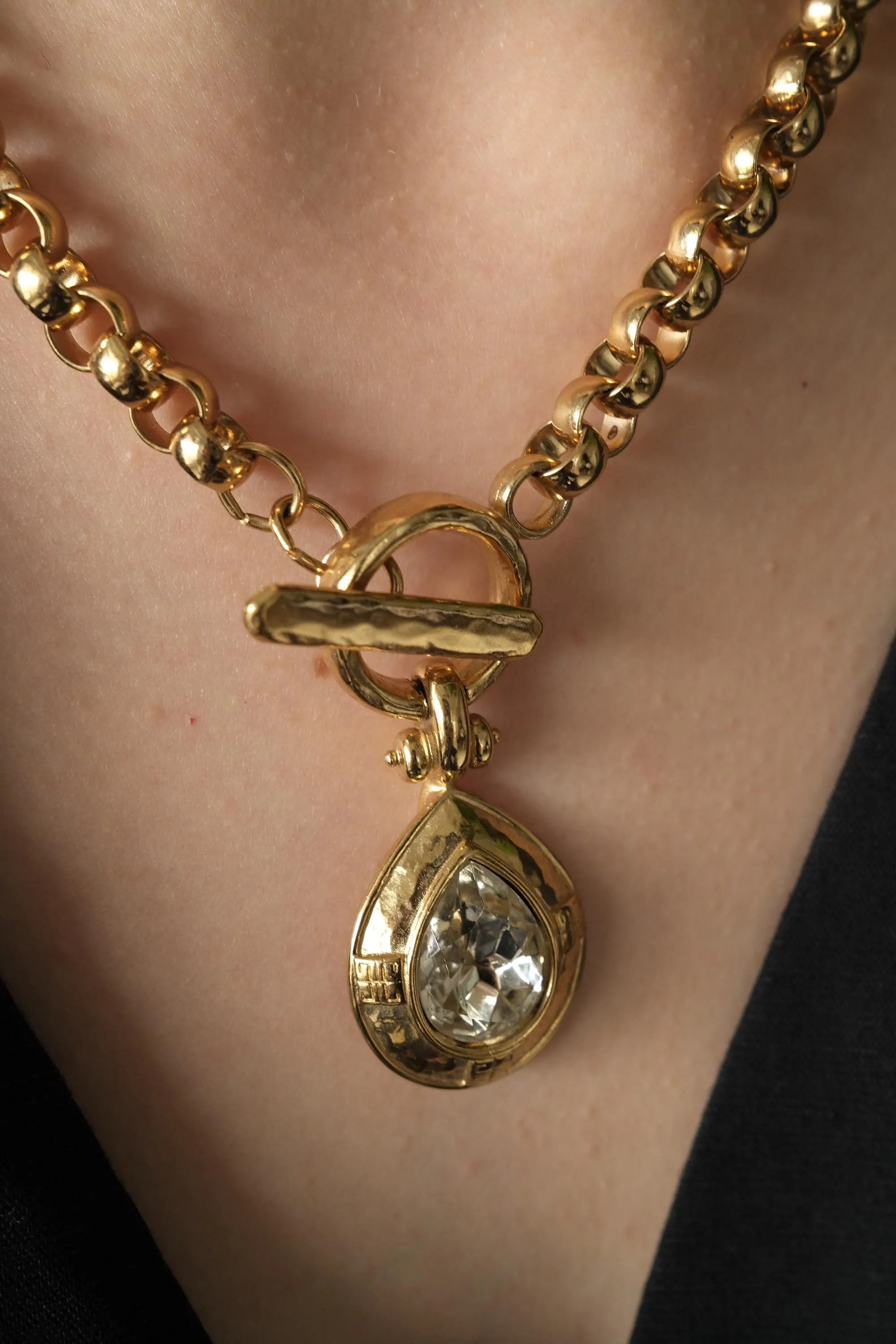 Vintage Givenchy Necklace Choker toggle clasp , Gold Necklace Givenchy, 1980s teardrop crystal , Bridal necklace, gift for her